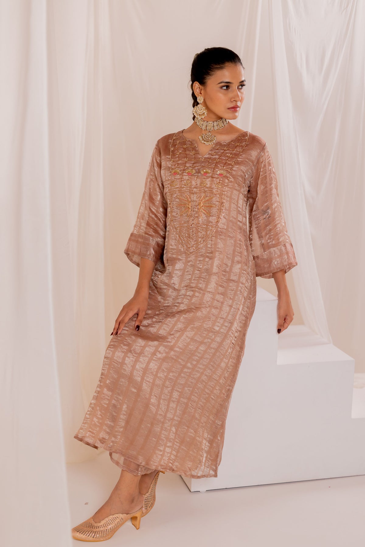 Firduas Beige Striped Kurta Set