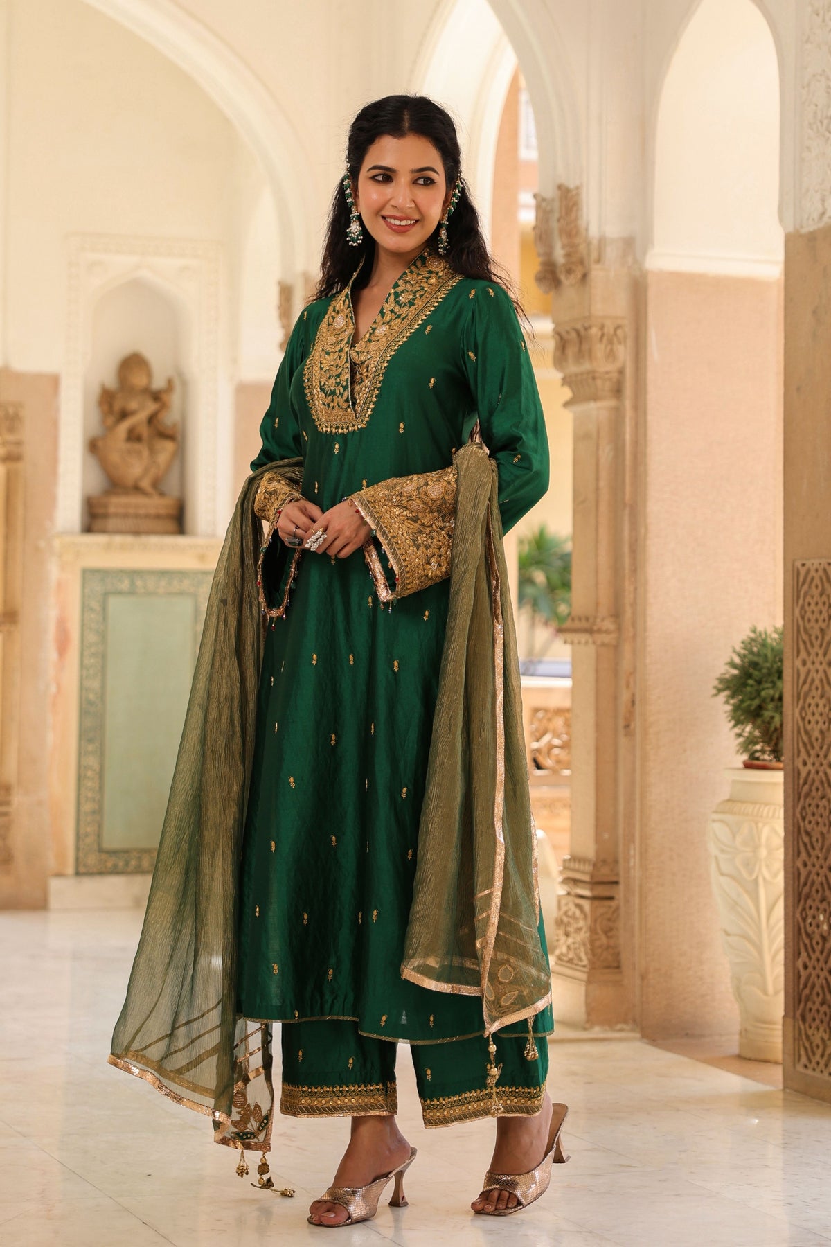 Emerald Green Collar Kurta Set