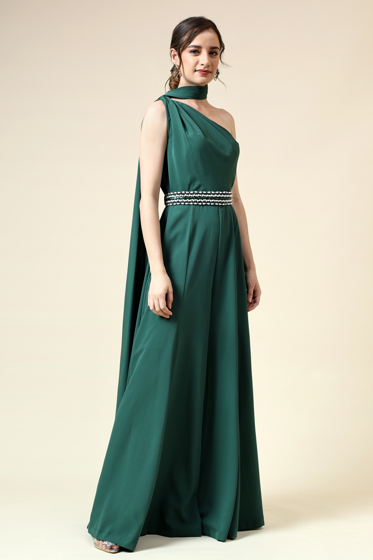 Bottle Green Draped Jumpsuit With Crystallised Belt