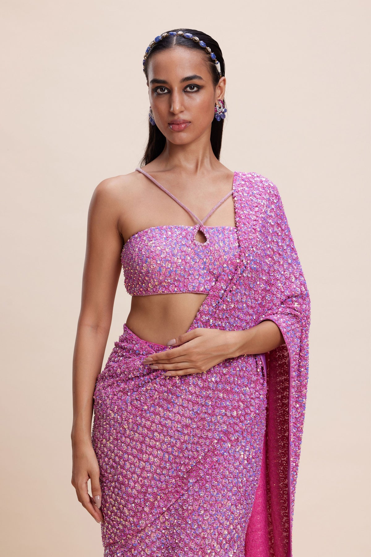 Pink Embellished Draped Saree Set