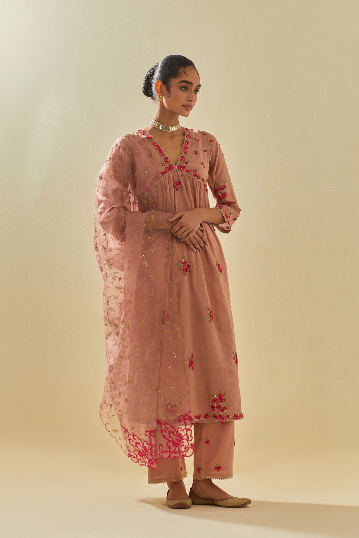 Pink V Neck Kurta Set