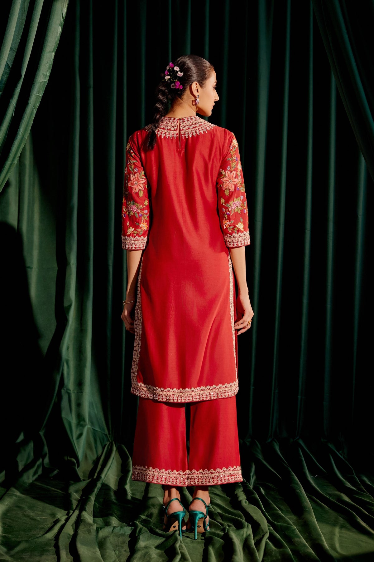 Red Multicolor Floral Embroidered Kurta Set