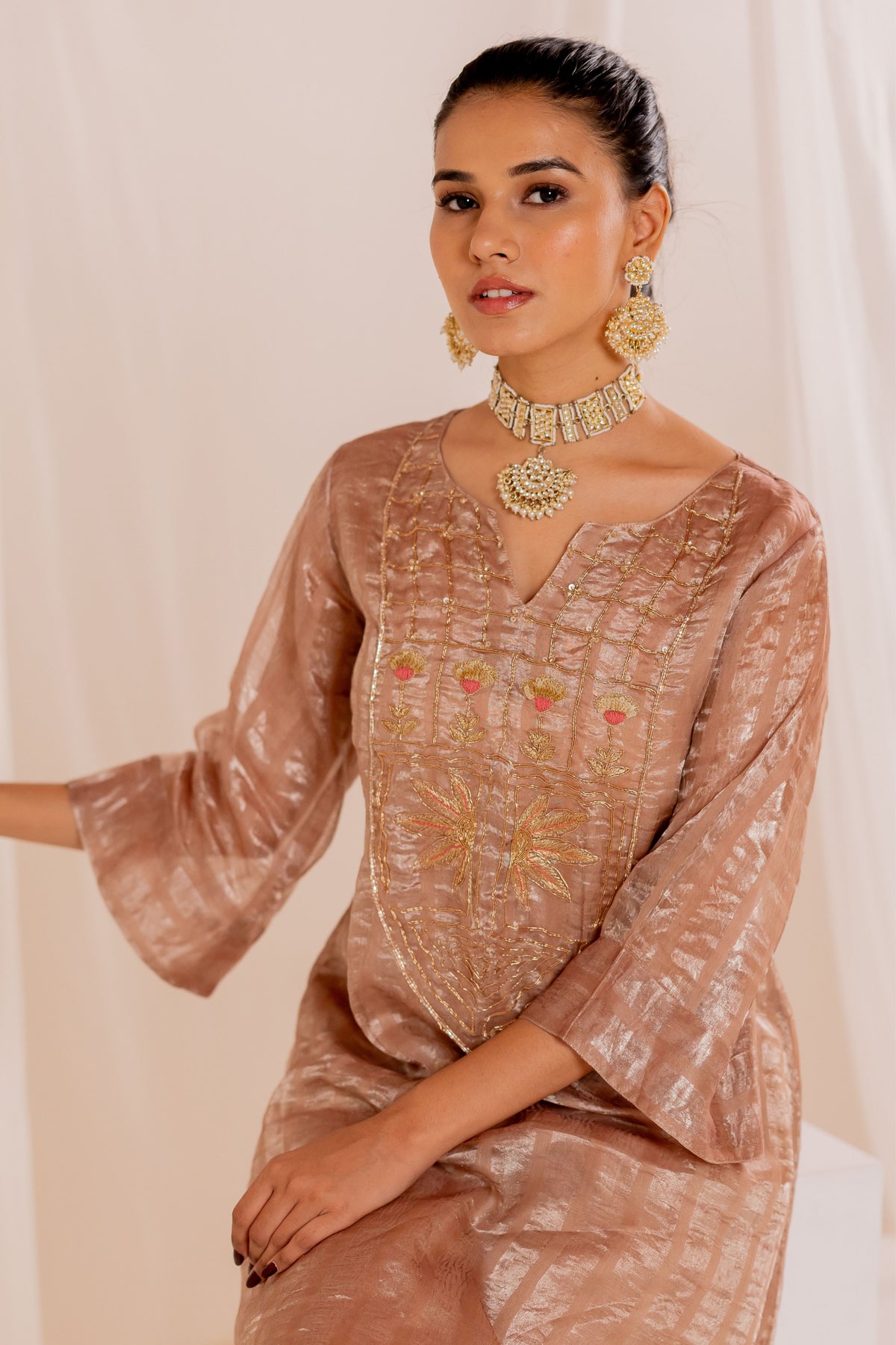 Firduas Beige Striped Kurta Set