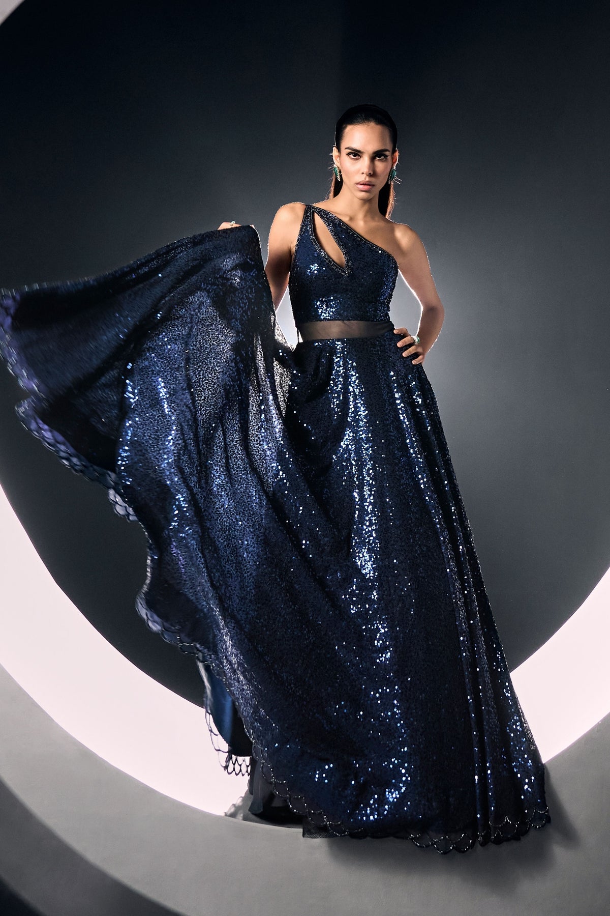 Blue Sequins One Shoulder Gown