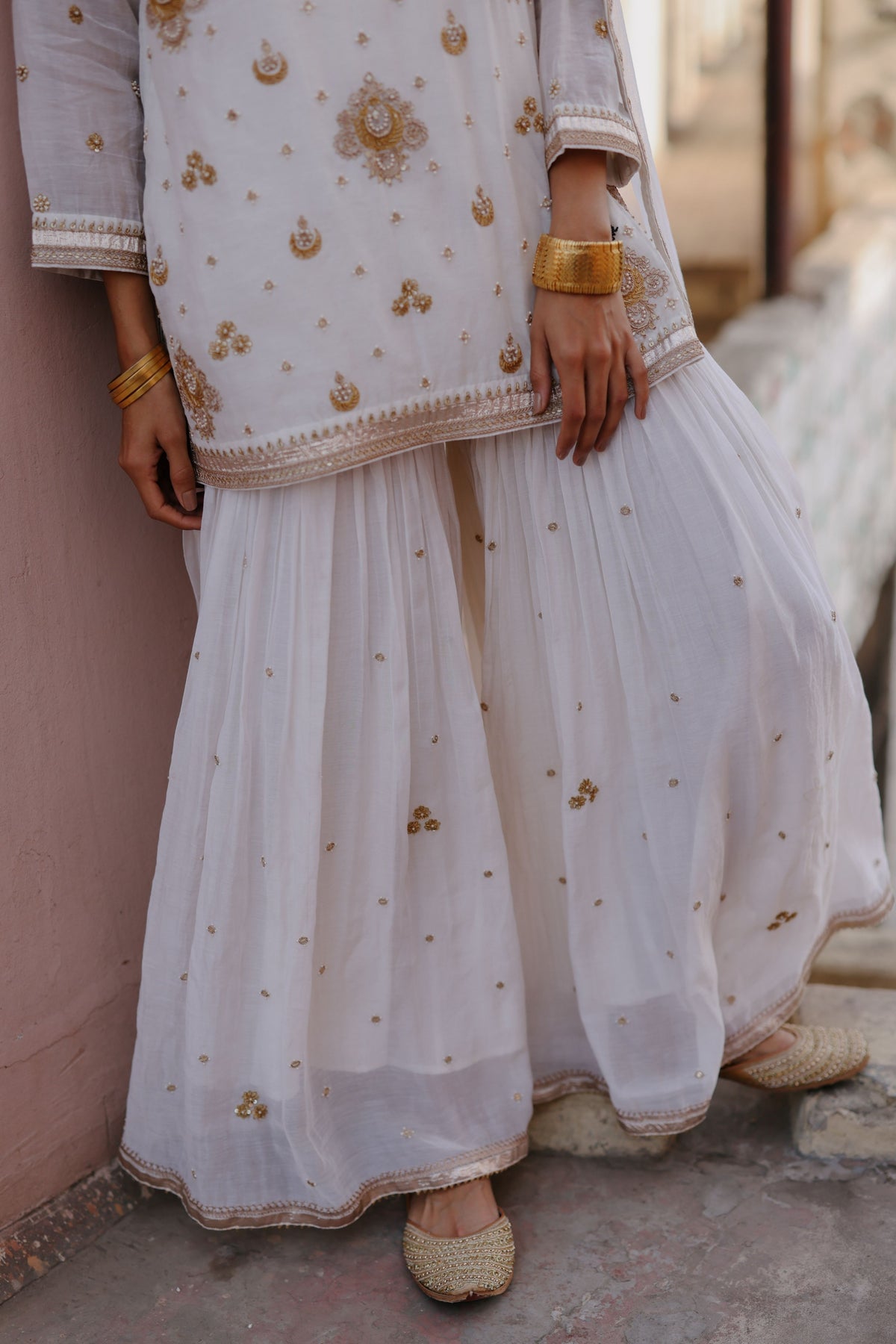 White Halfmoon Sharara Set