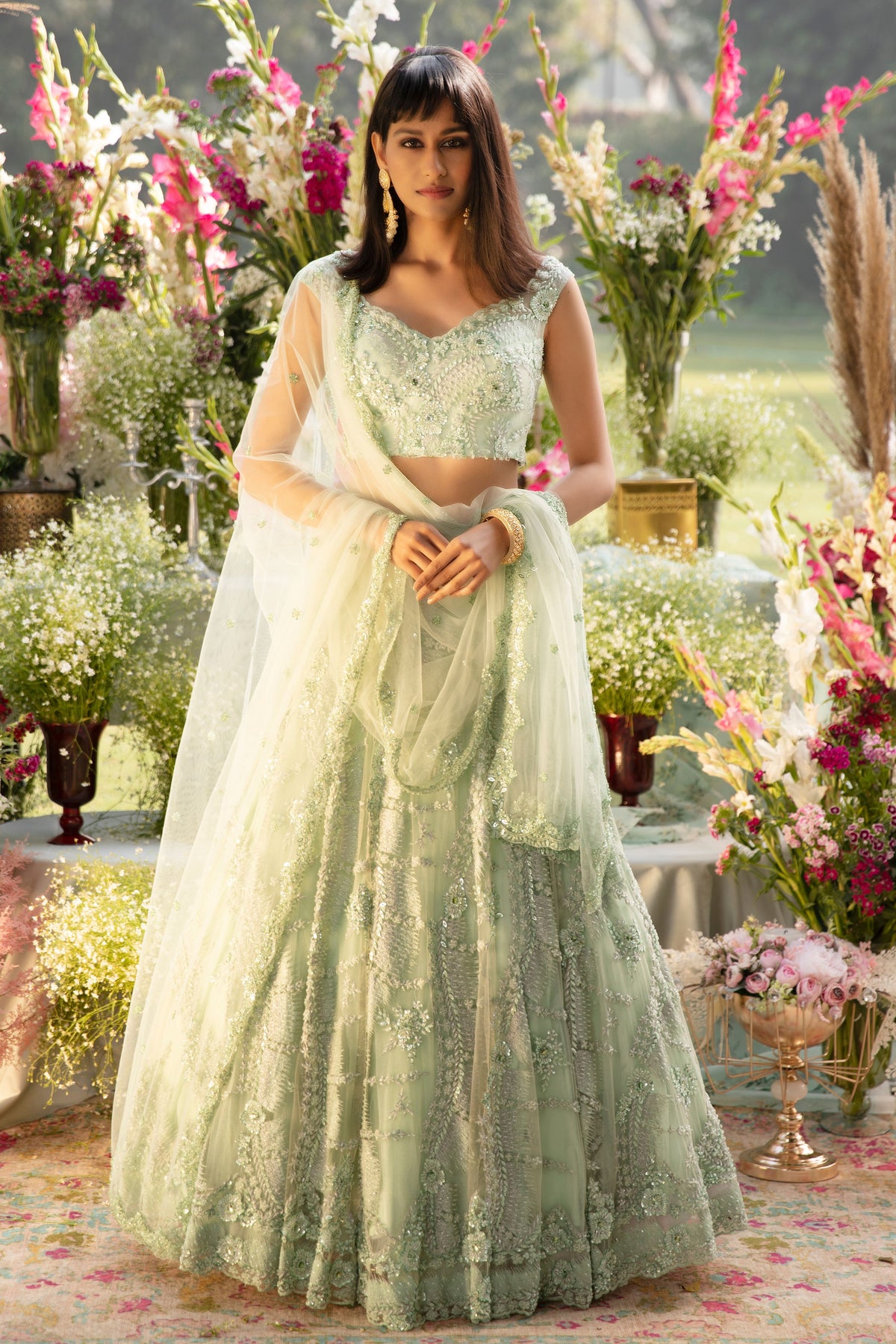 Mint Green Embroidered Net Lehenga Set