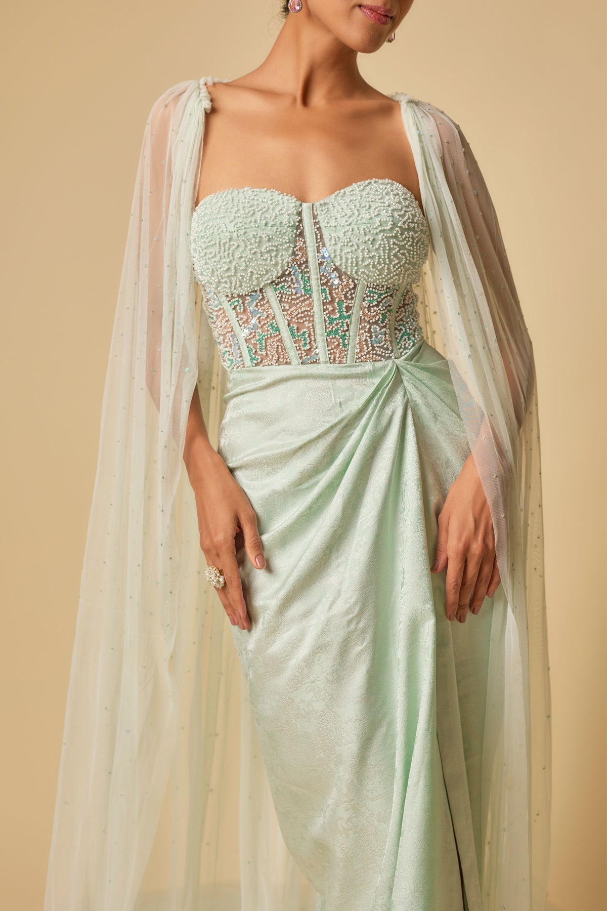 Mint Brocade Embroidered Gown Set