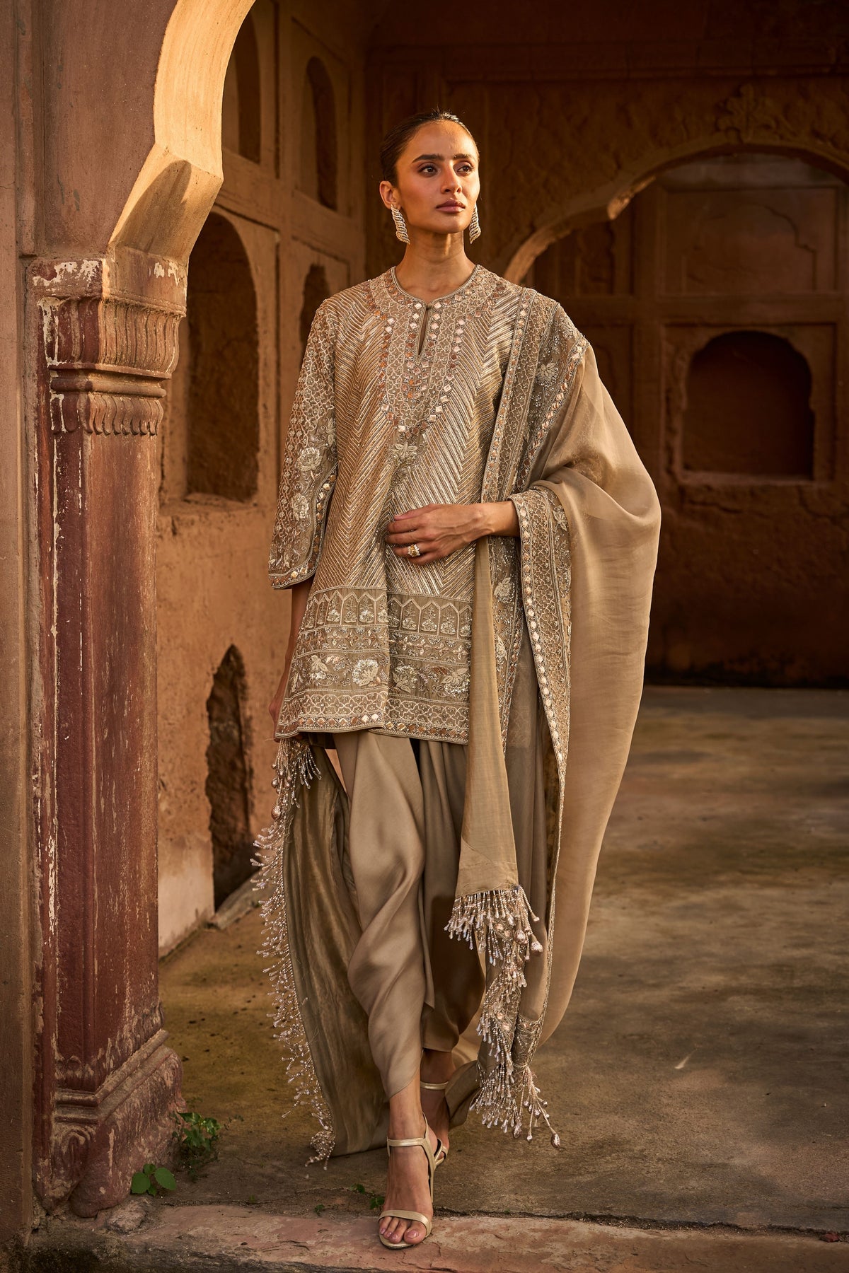 Embroidered Golden Beige Kurta Set