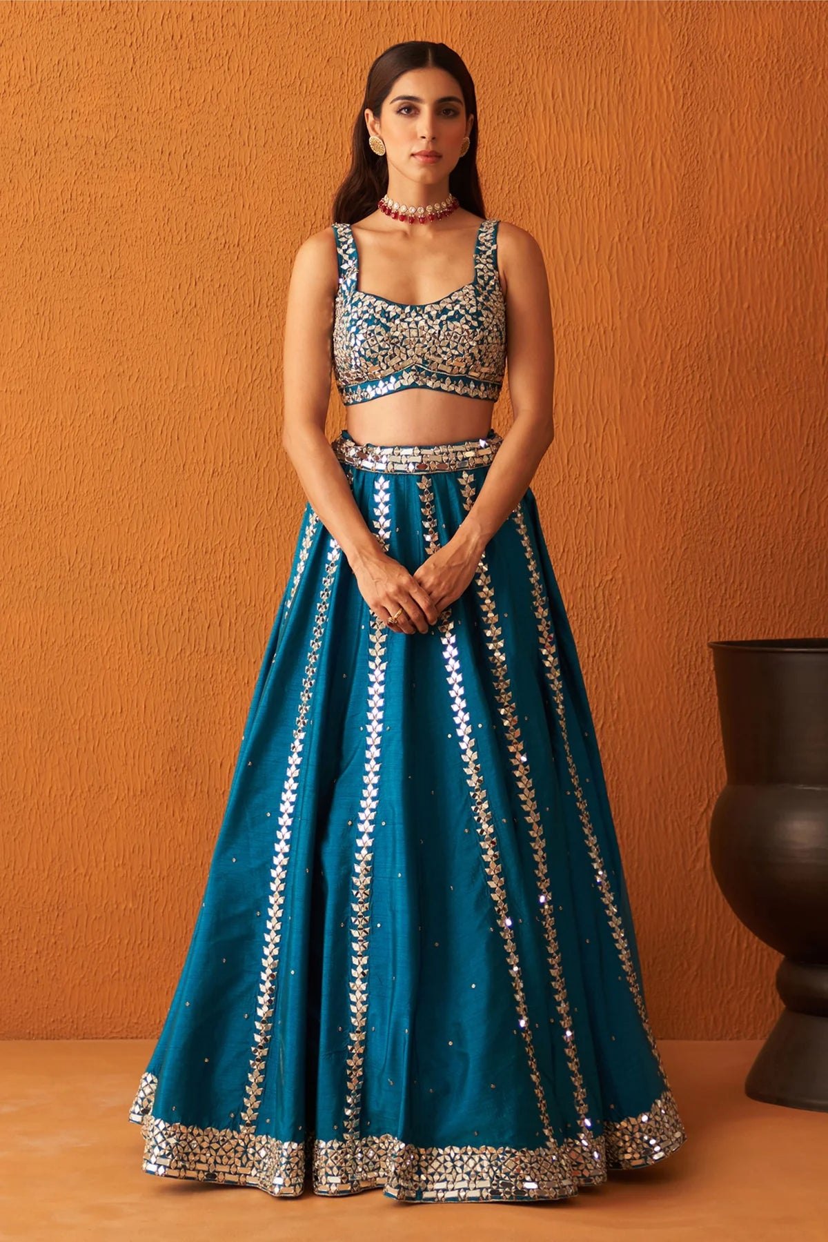 Peacock Blue Raw Silk Lehenga Set