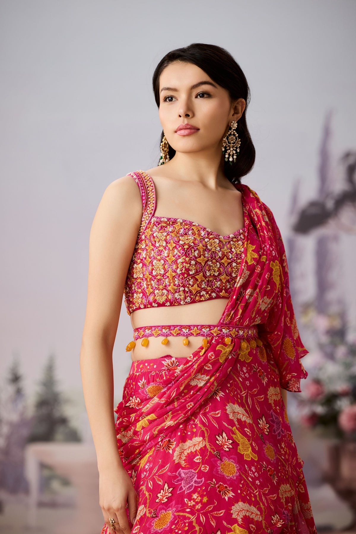 Ntu Fuschia Chintz Saree Set