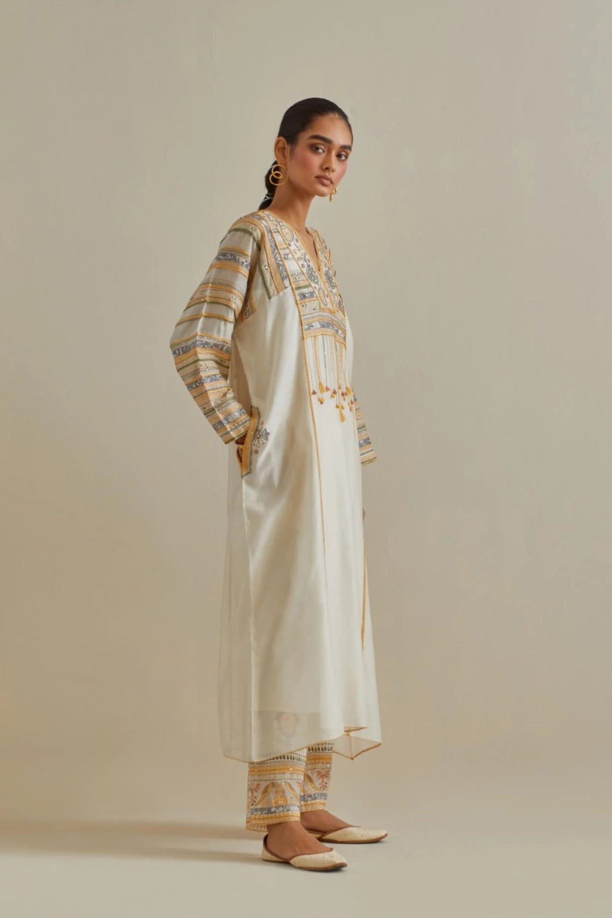 Yellow and Off White Kaftan Set