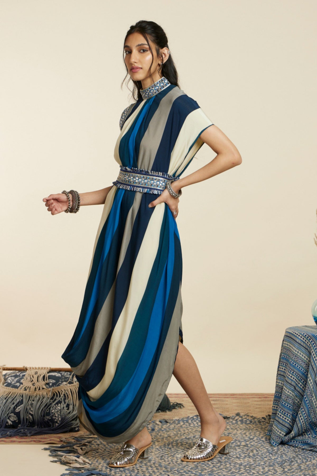 Blue Drape Dress With Belt