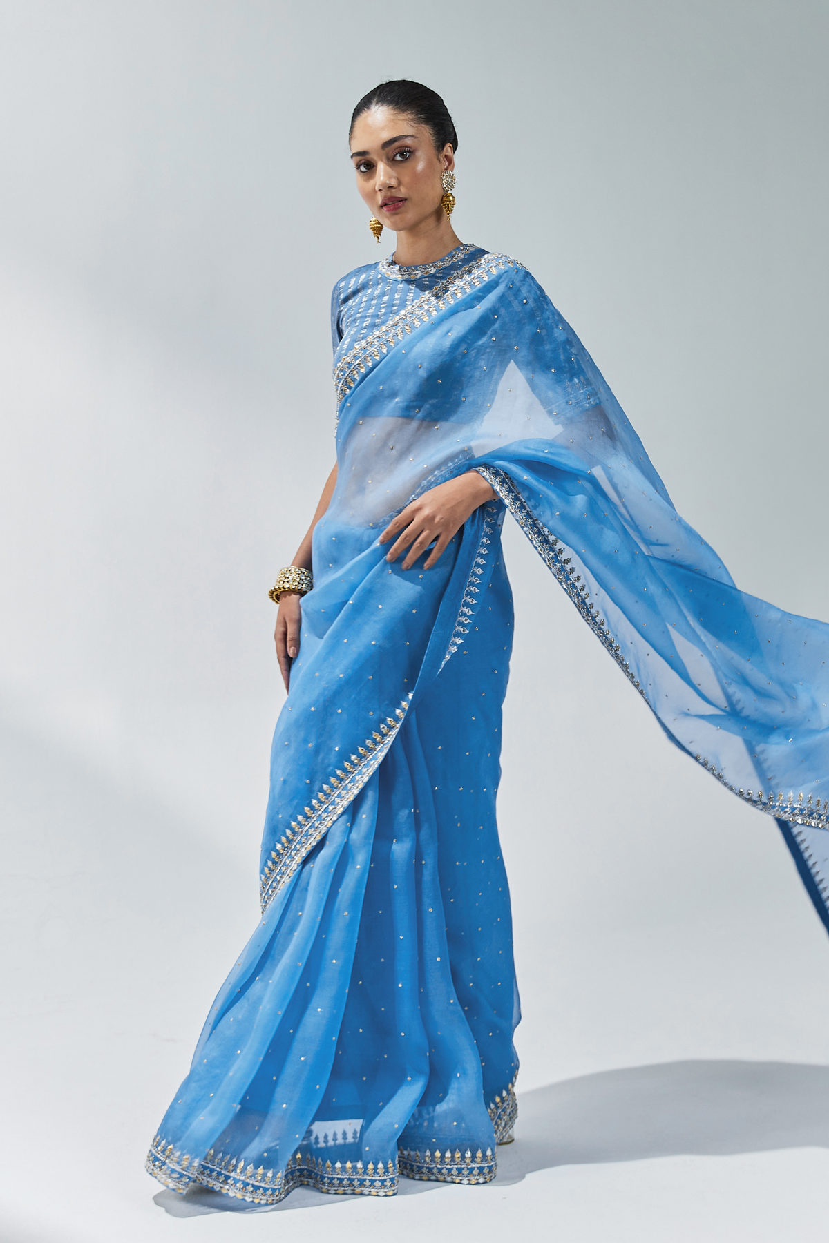 Cerulean Blue Embroidered Saree Set