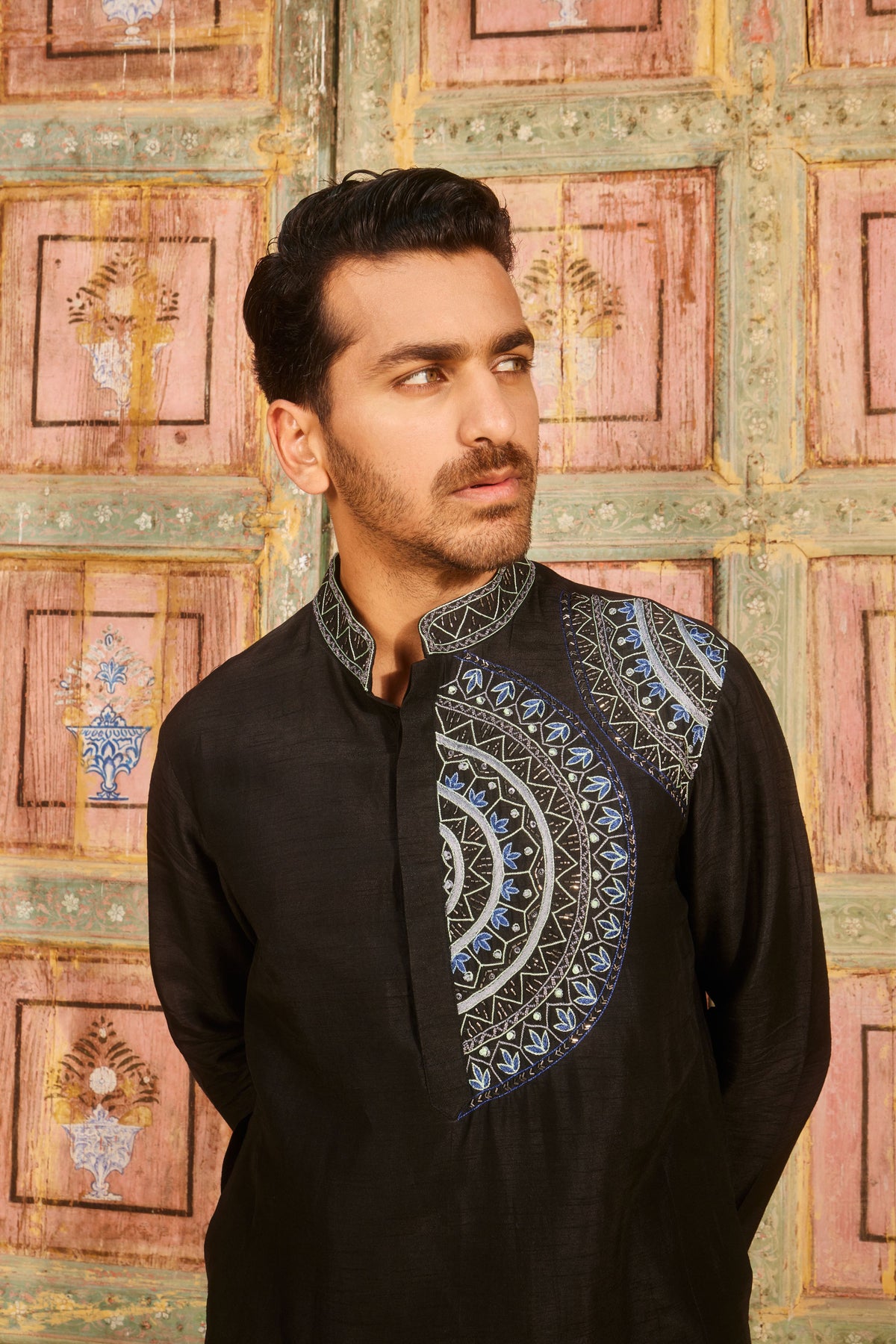 Black One Side Embroidered Kurta Set