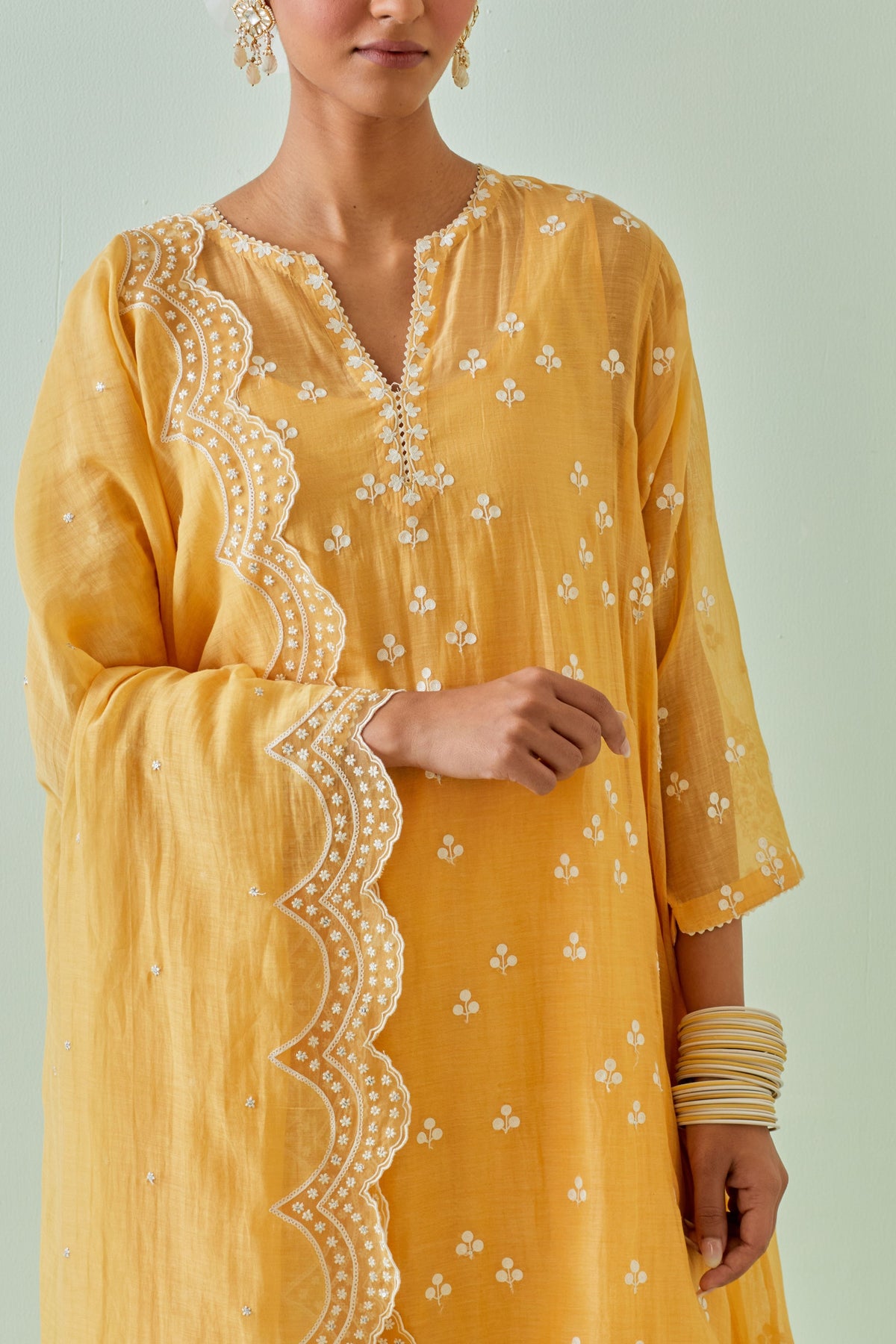 Yellow Embroidered Kalidar Kurta Set