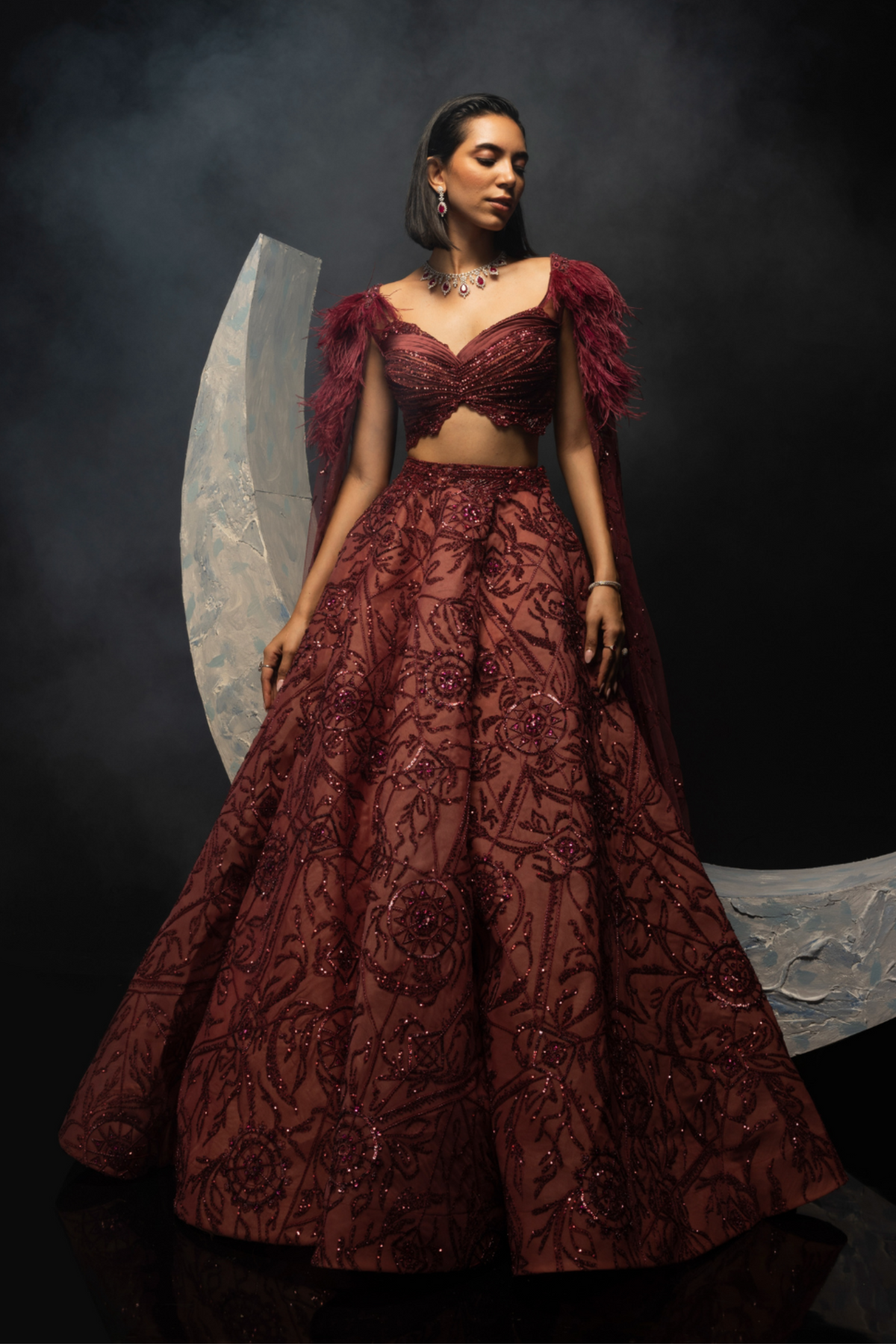 Wine Dewdrop Lehenga