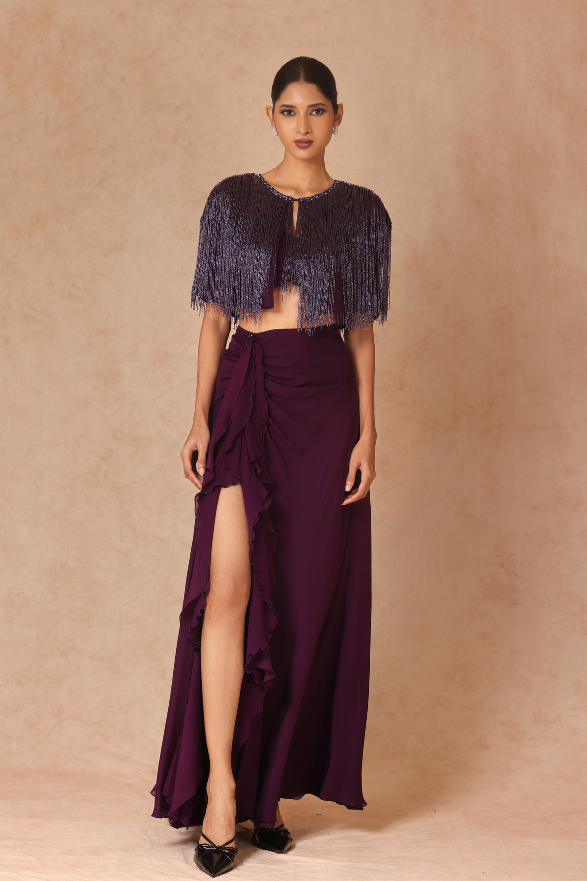 Fringe Capelet With Chiffon Skirt &amp; Ruched Bandeau