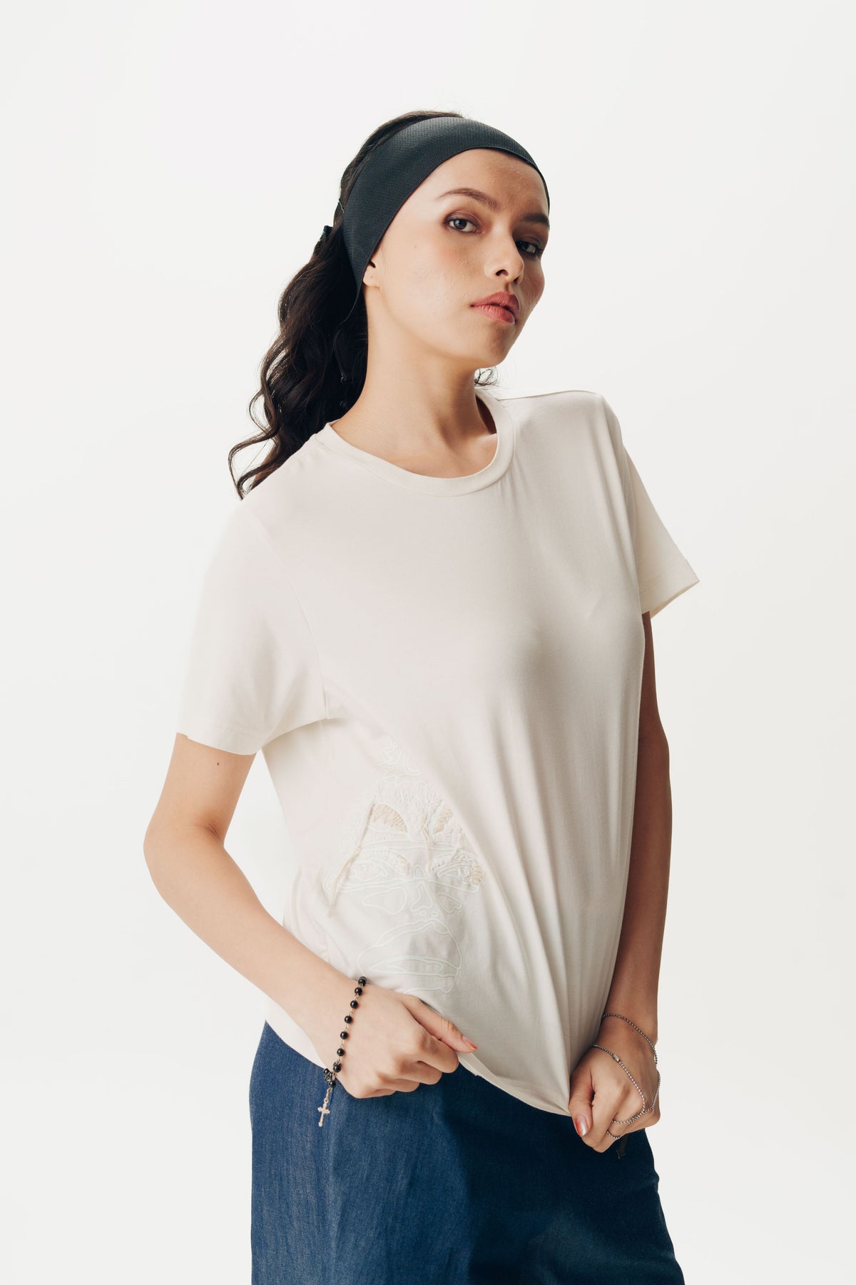 Embroidered Half White T Shirt