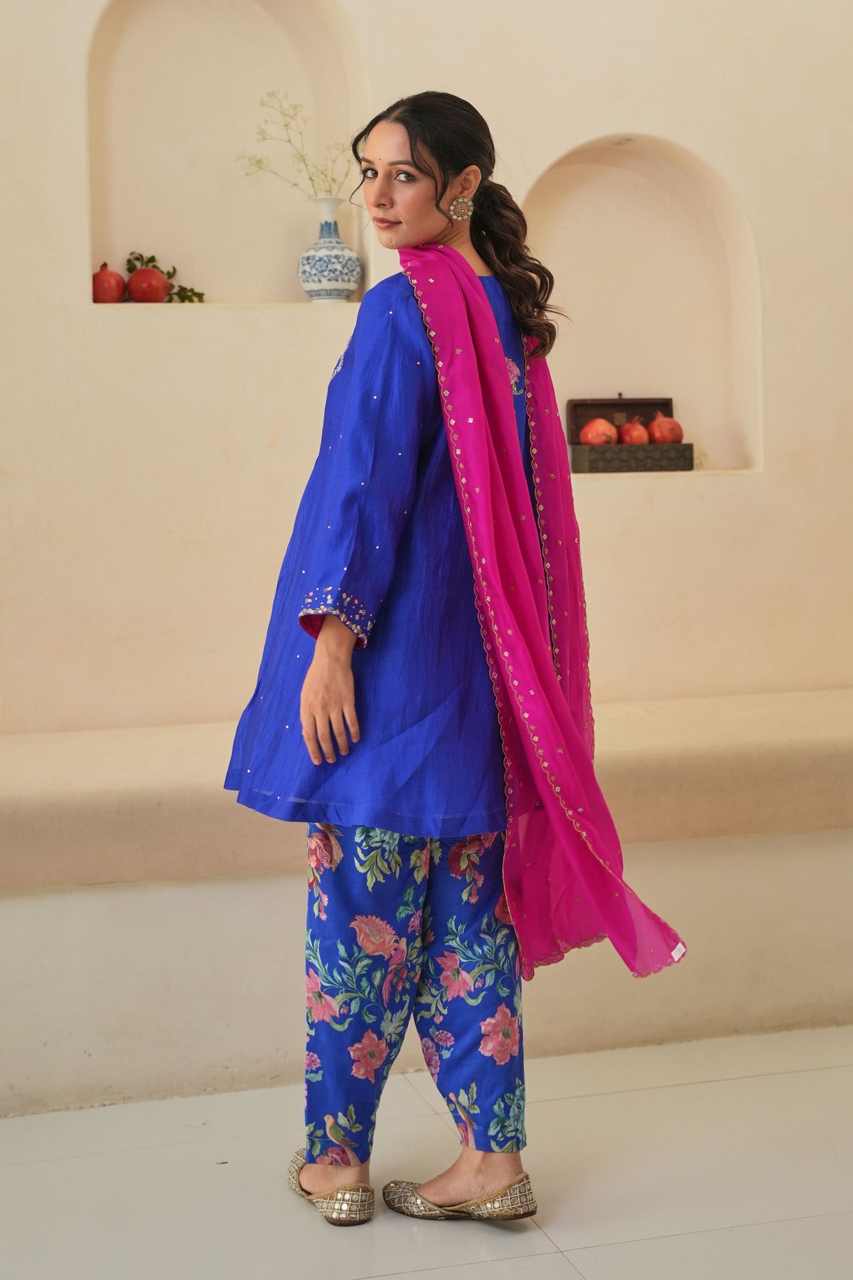 Jehan Gathered Kurta Set in Royal Blue