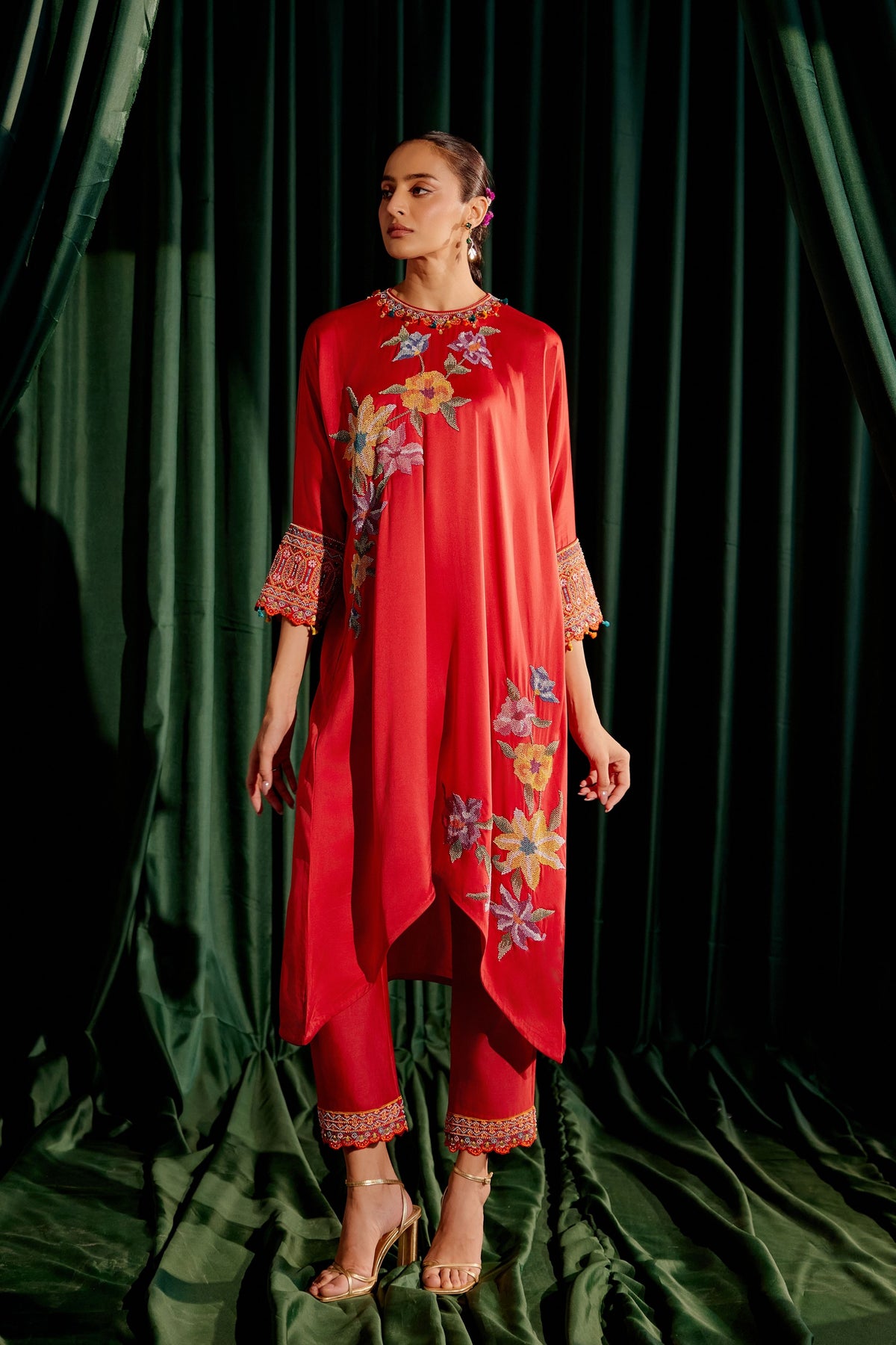 Red Floral Beadwork Kimono Kurta Set