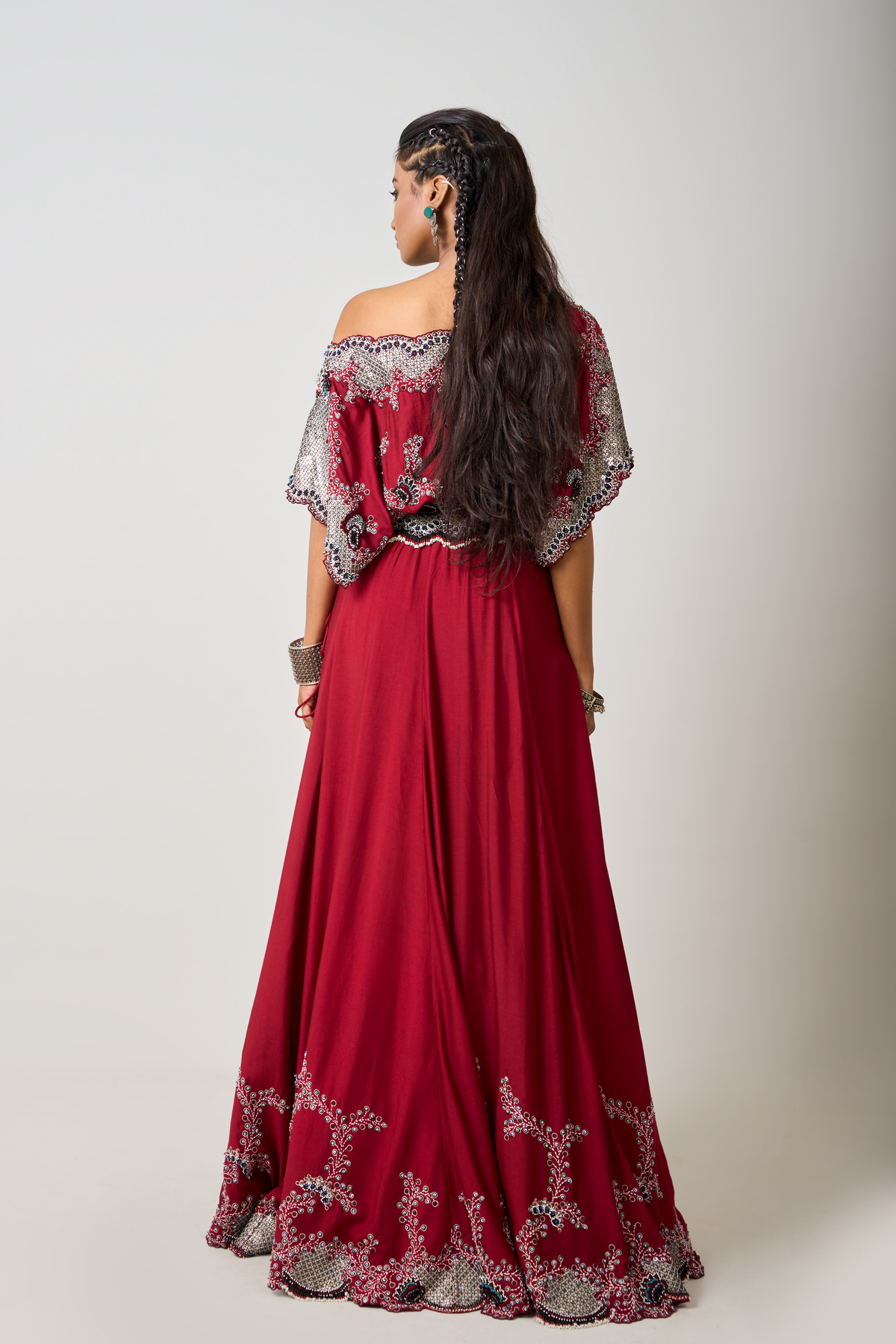 Burgundy Off-shoulder Lehenga Set