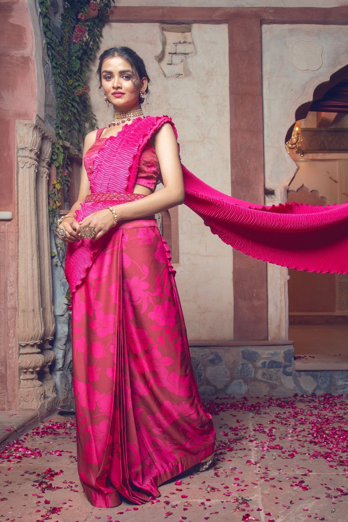 Maroon and Hot Pink Embroidered Drape Saree Set