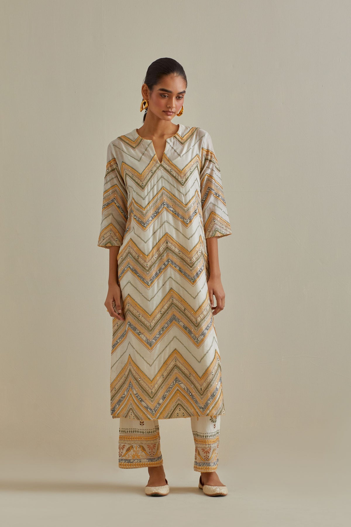 Yellow Chevron Pattern Kurta Set