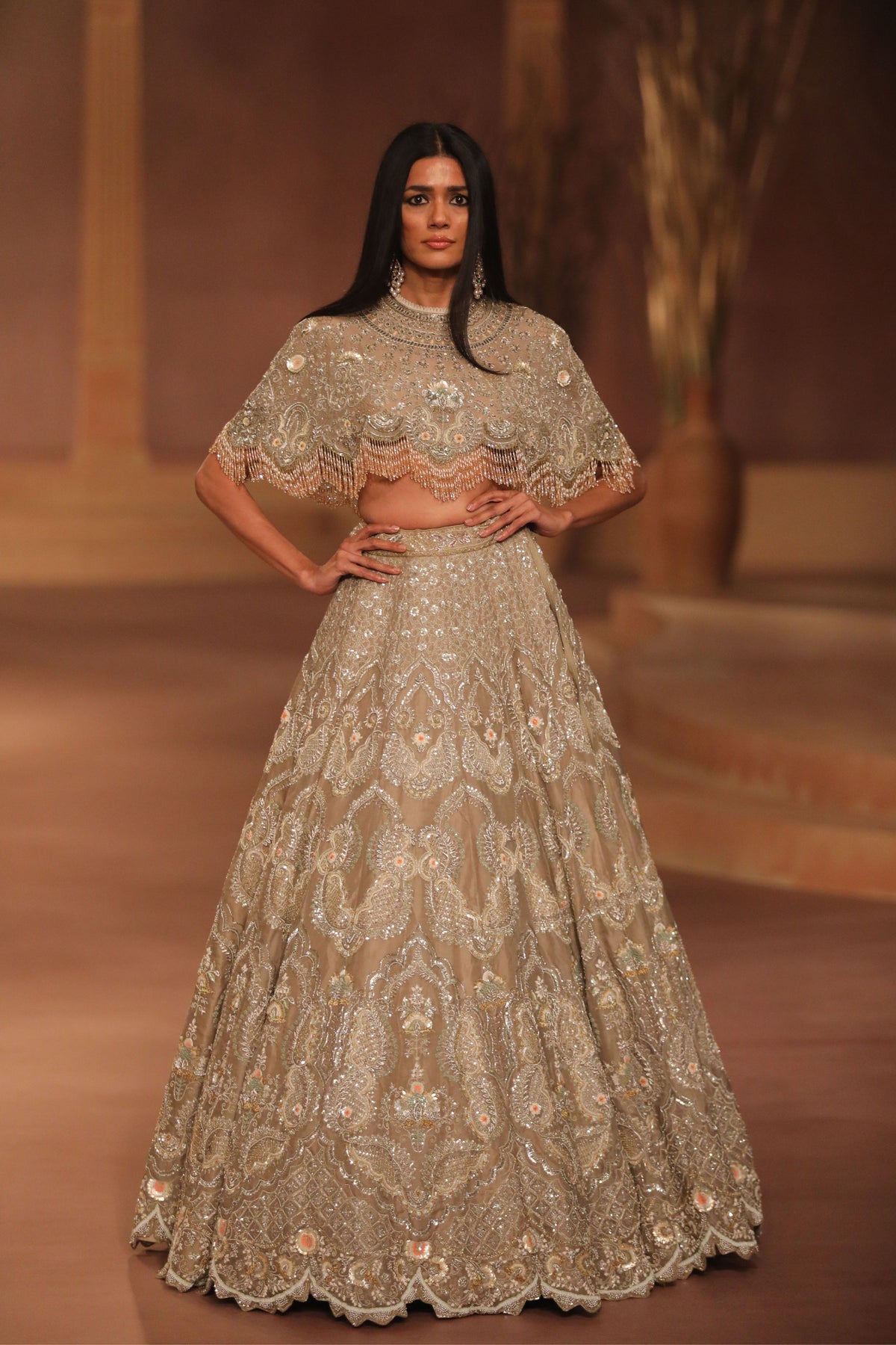 Beige Gold Cape Lehenga Set