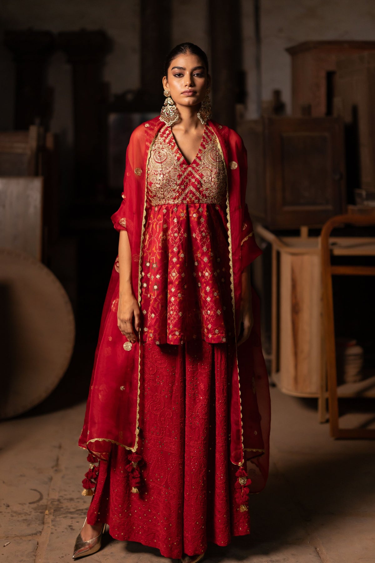 Red Kurta With Pleated Pants