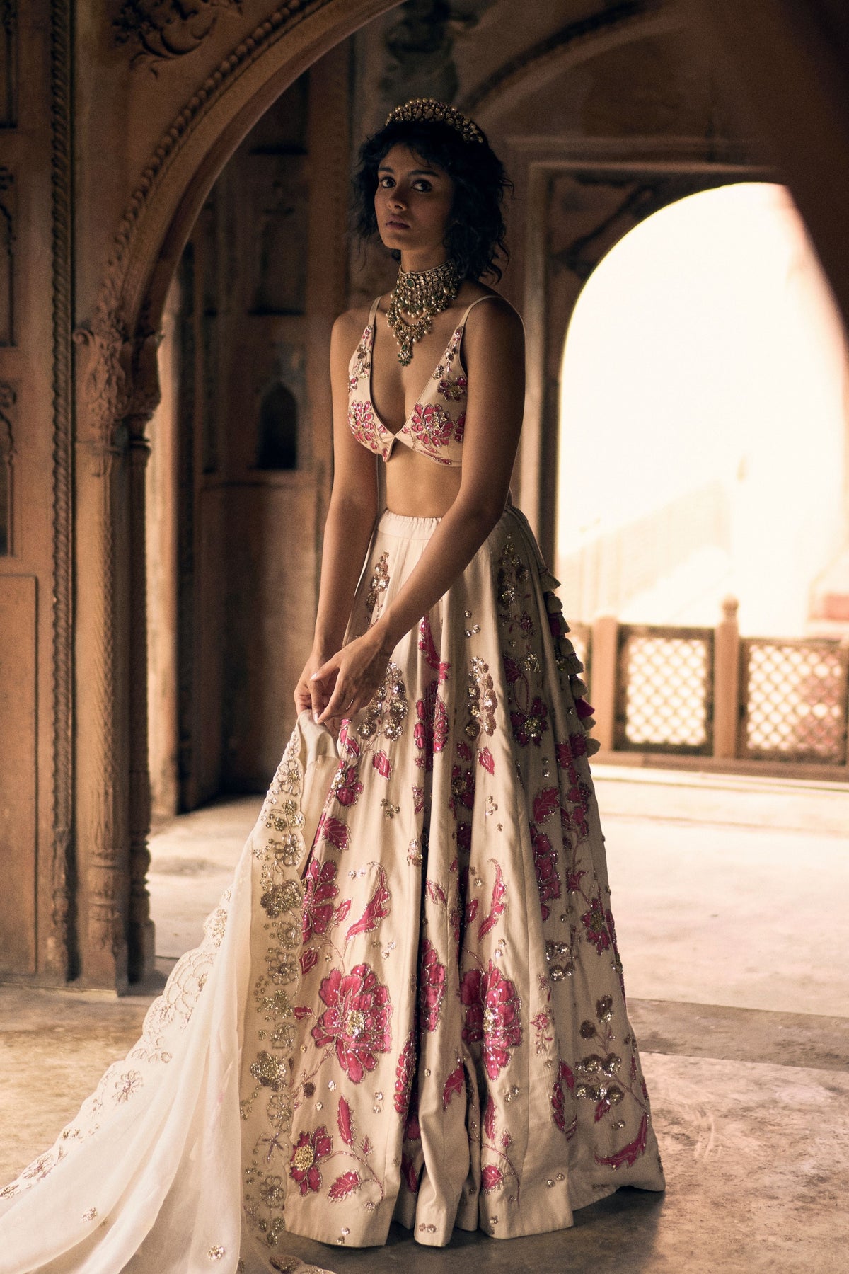 Pink Floral Print Lehenga Set