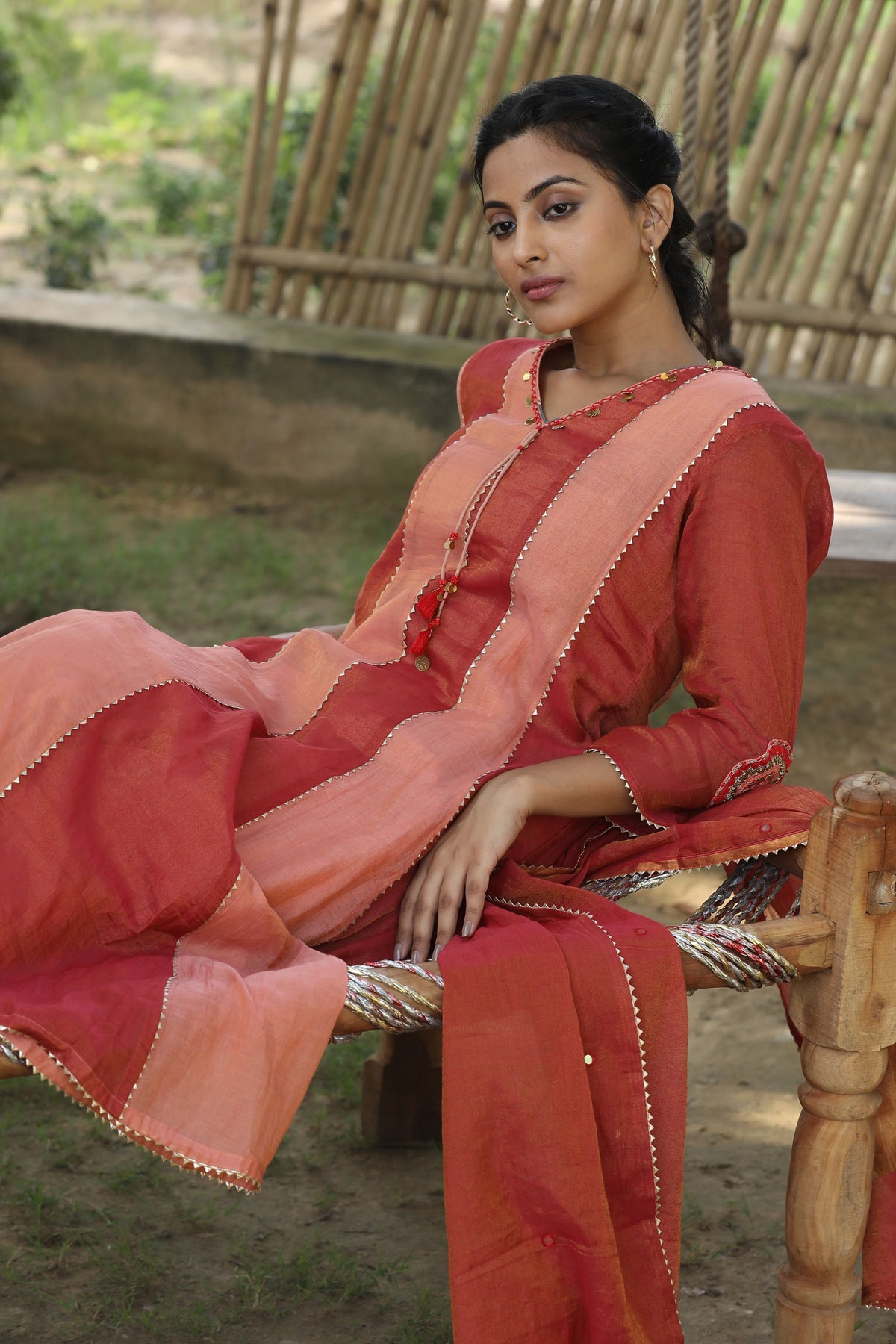 Red And Peach Kurta Set