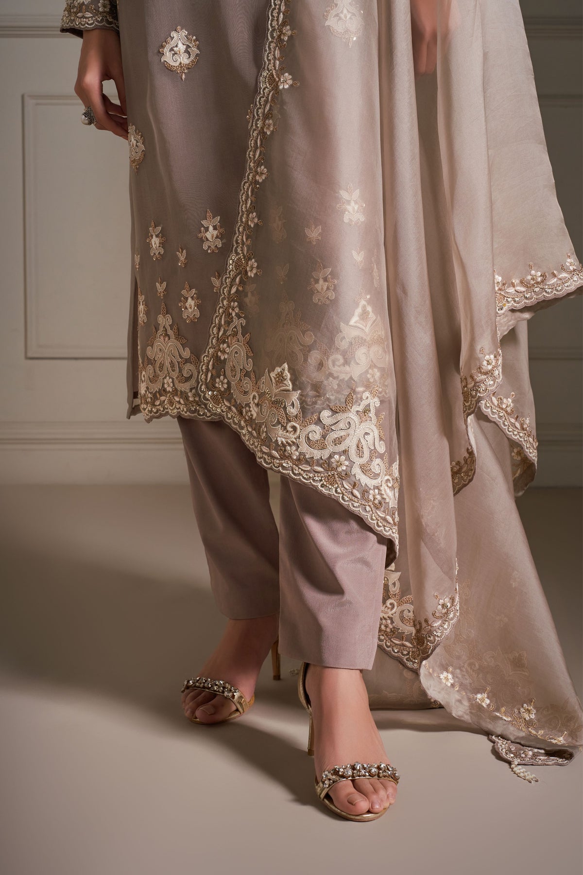 Taupe Hand Embellished Kurta Set