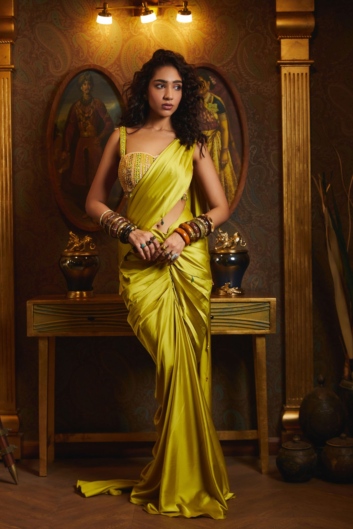 Lime Yellow Drape Saree Set