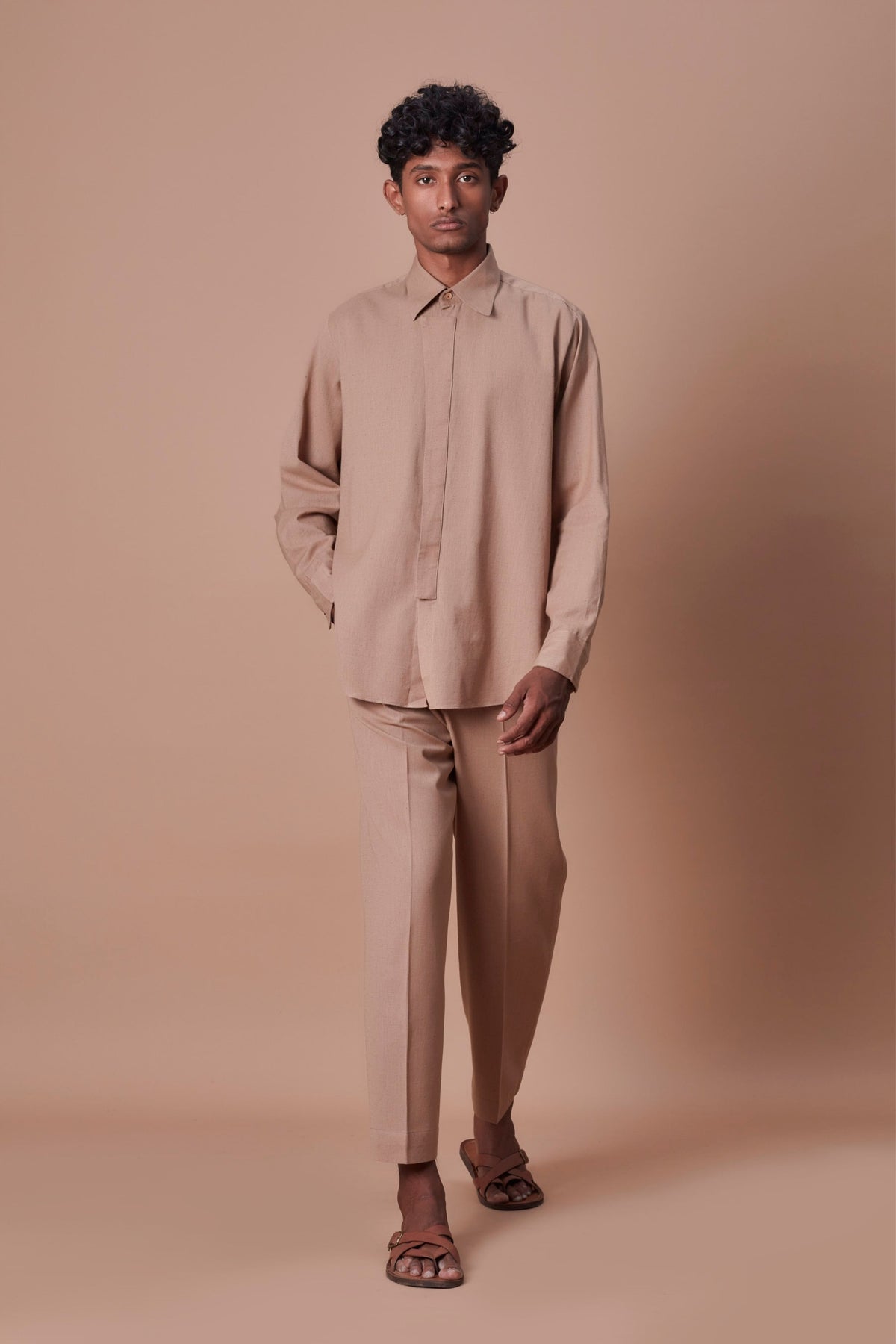 Brown placket shirt and ankle pant