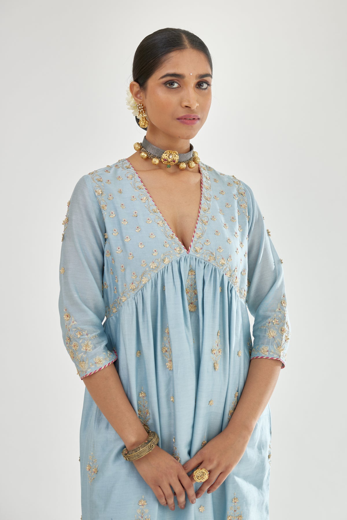 Blue Silk Chanderi Kurta Set