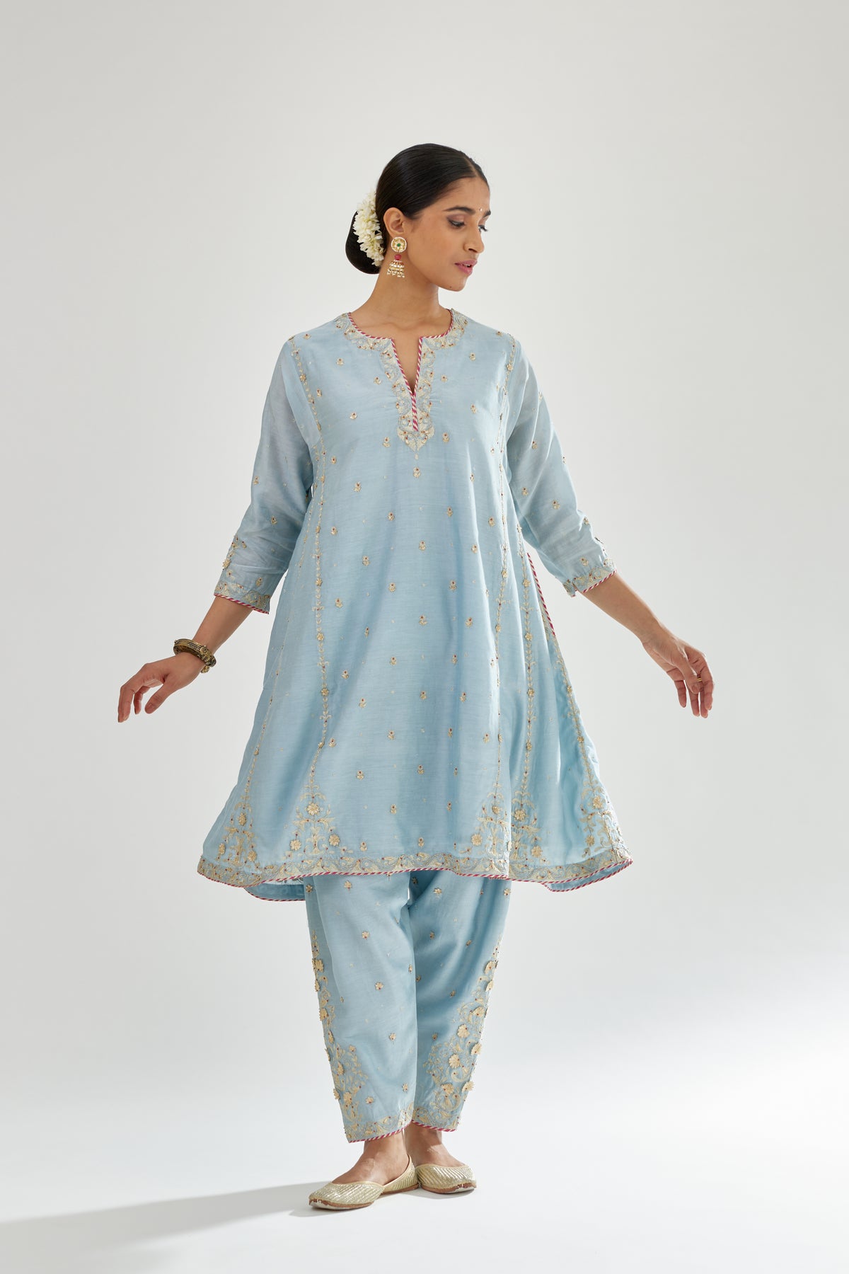 Blue Silk Chanderi Short Kalidar Kurta Set