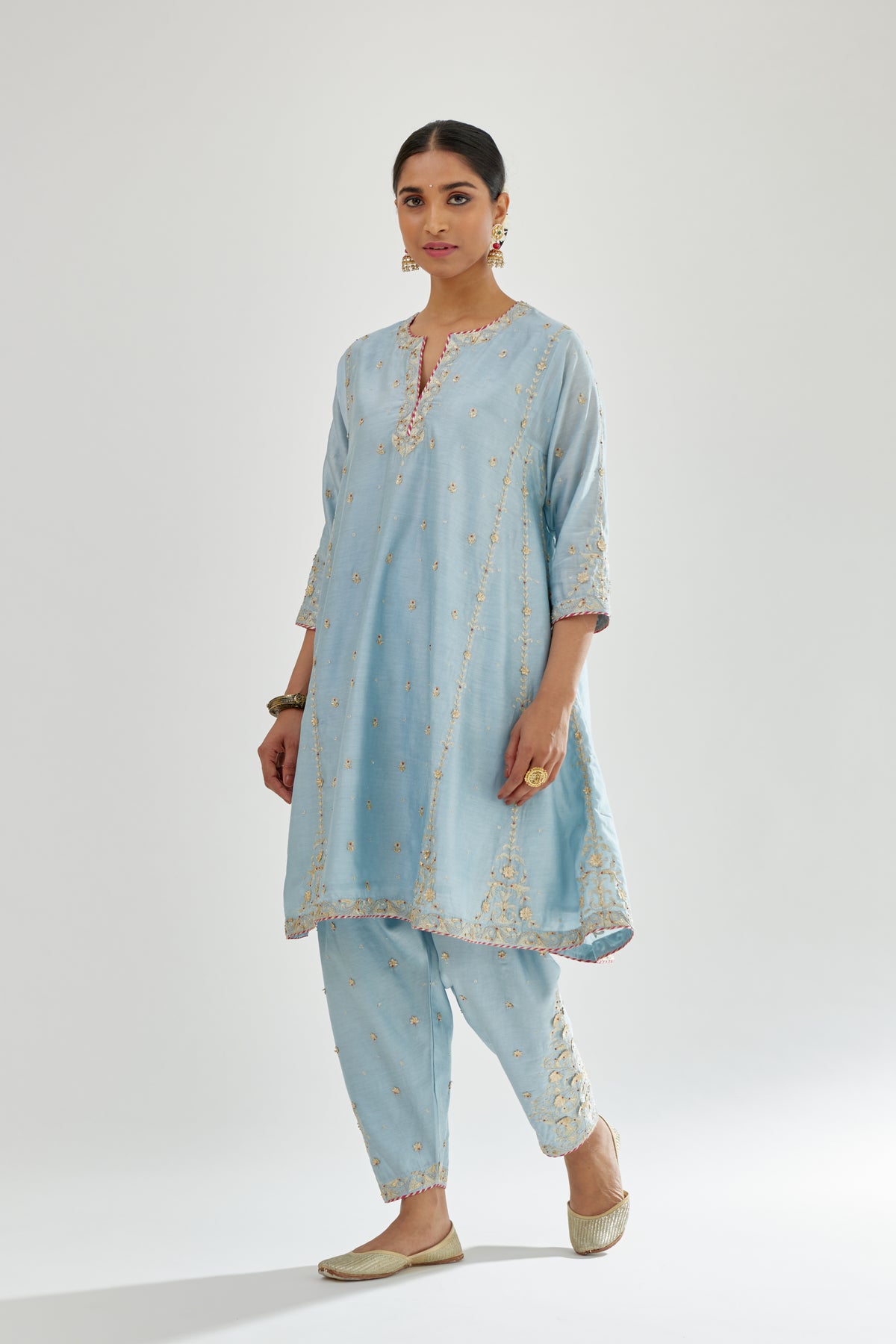 Blue Silk Chanderi Short Kalidar Kurta Set