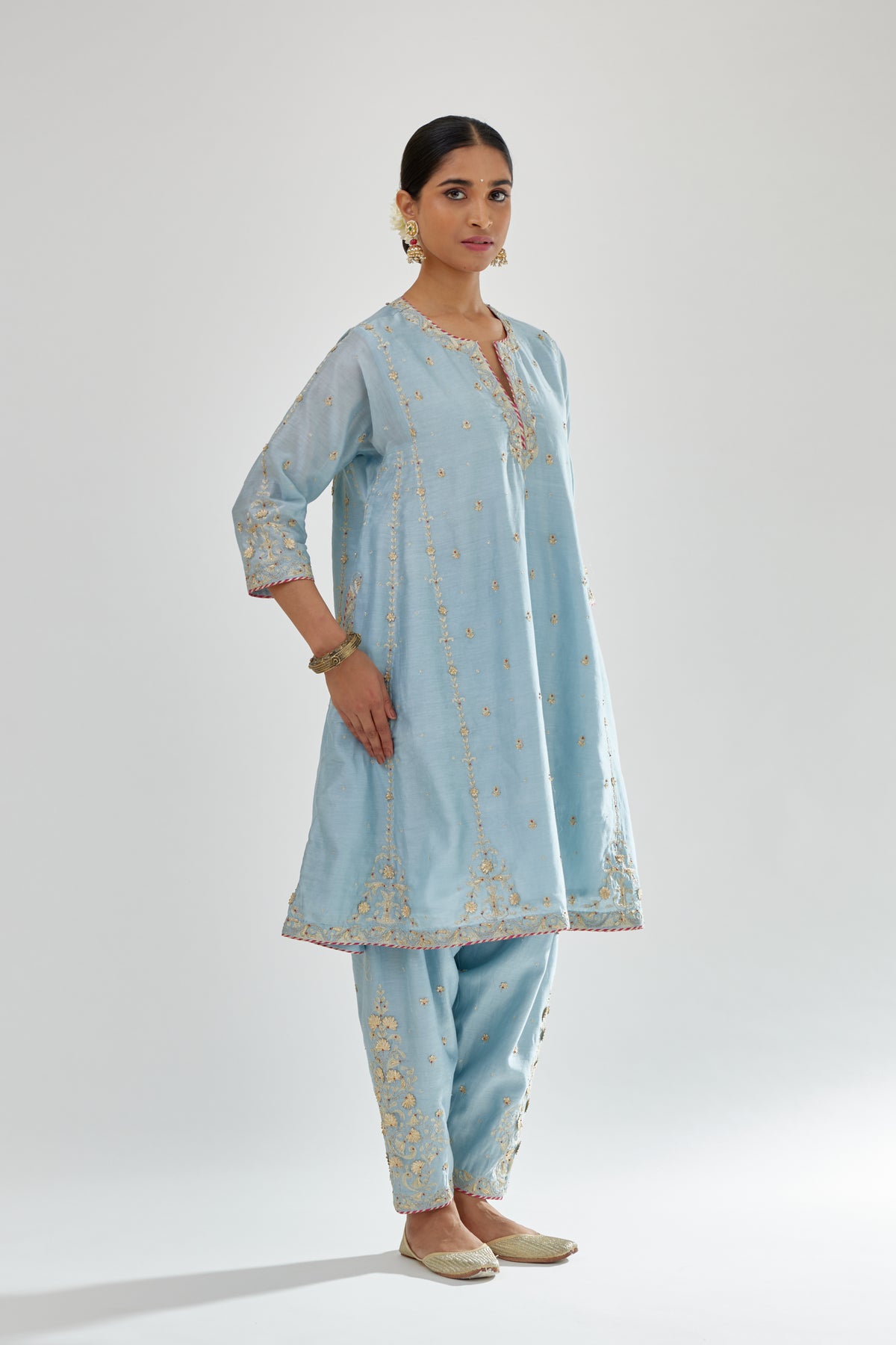 Blue Silk Chanderi Short Kalidar Kurta Set