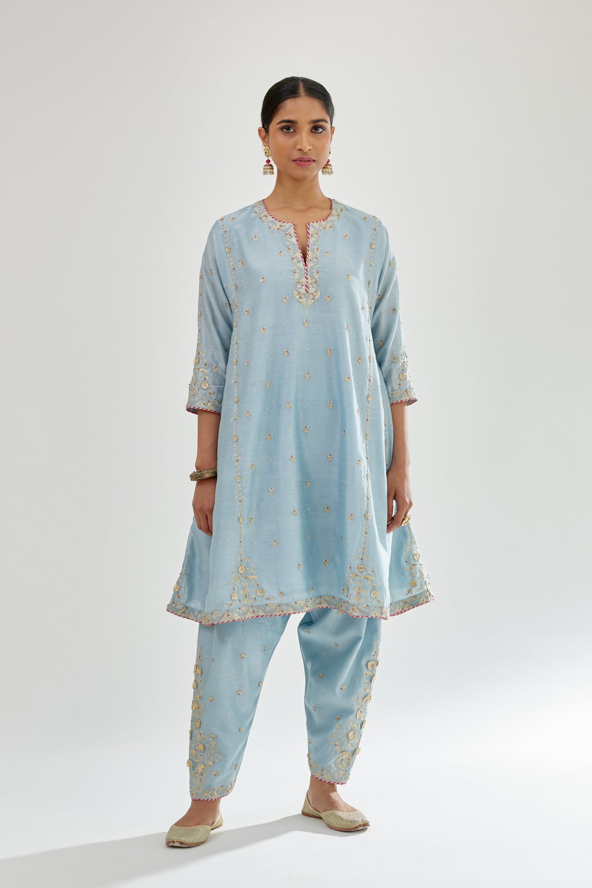 Blue Silk Chanderi Short Kalidar Kurta Set