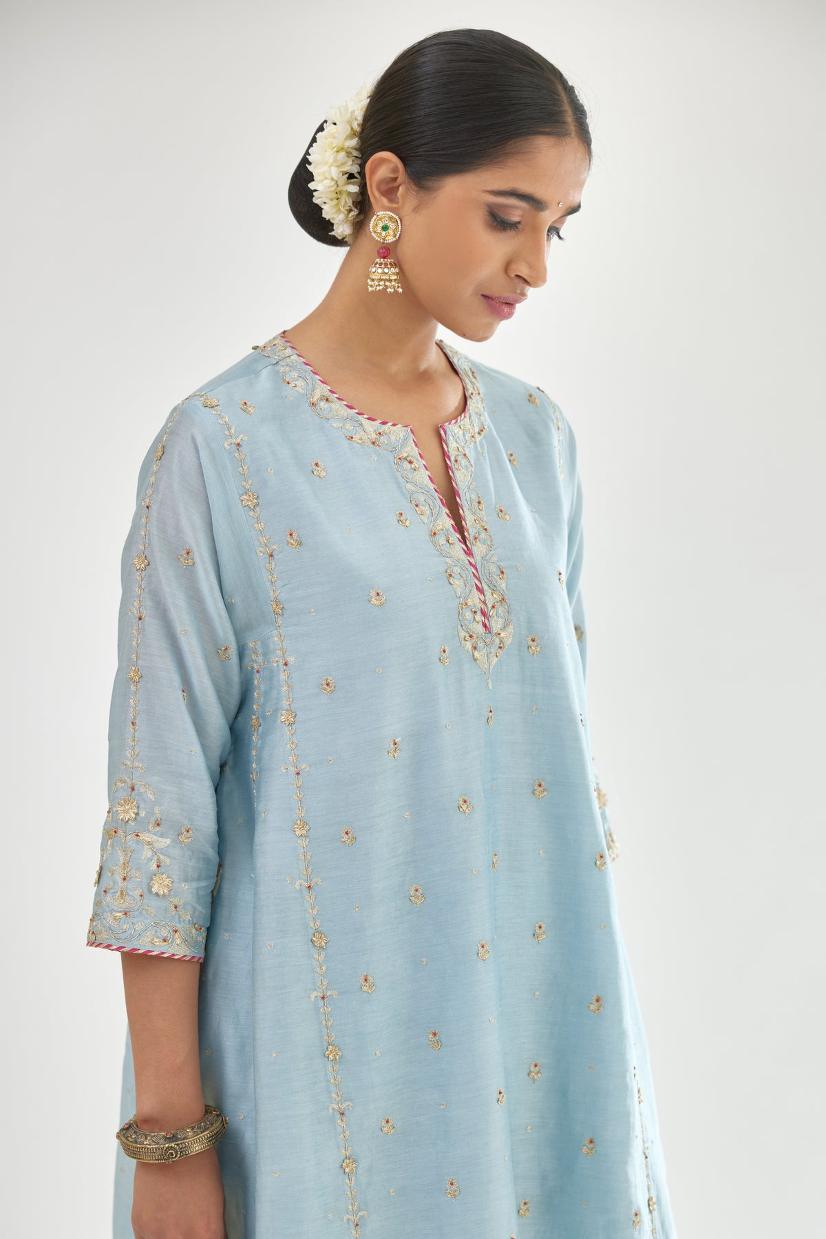 Blue Silk Chanderi Short Kalidar Kurta Set