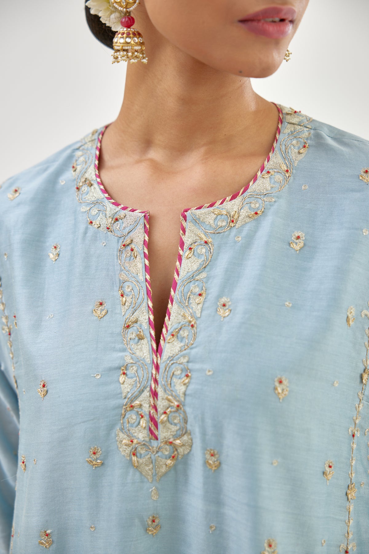 Blue Silk Chanderi Short Kalidar Kurta Set