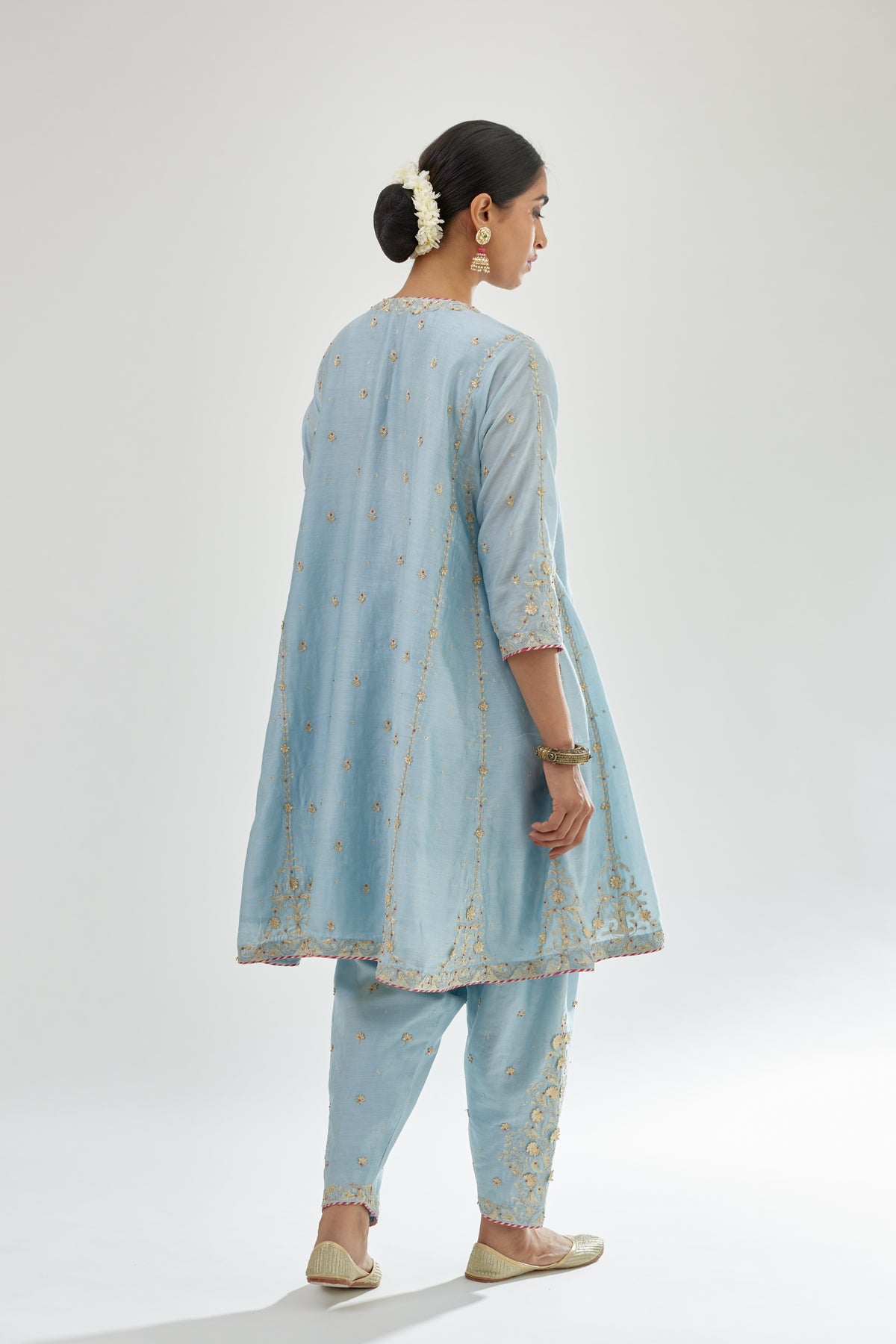 Blue Silk Chanderi Short Kalidar Kurta Set