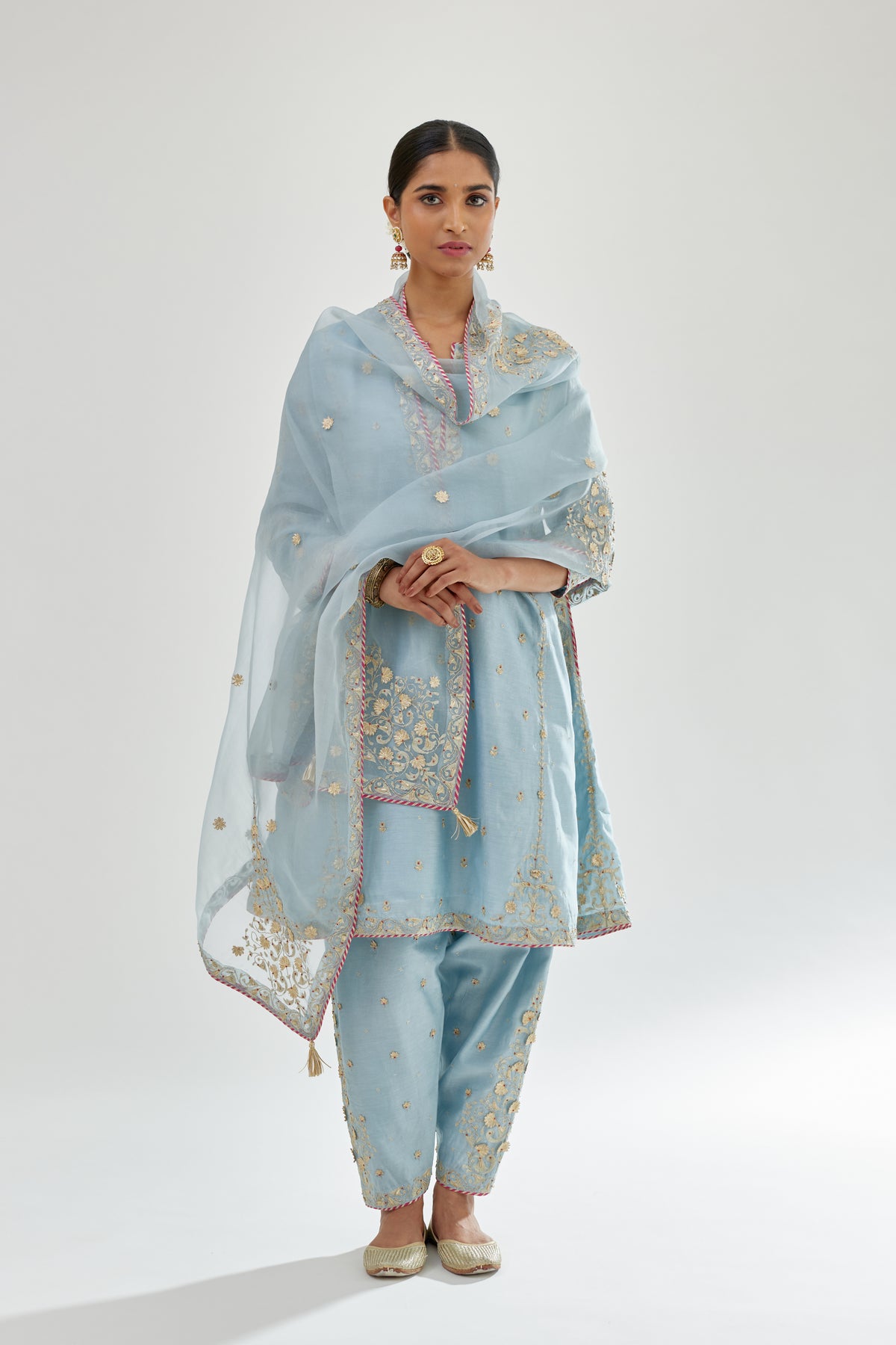 Blue Silk Chanderi Short Kalidar Kurta Set