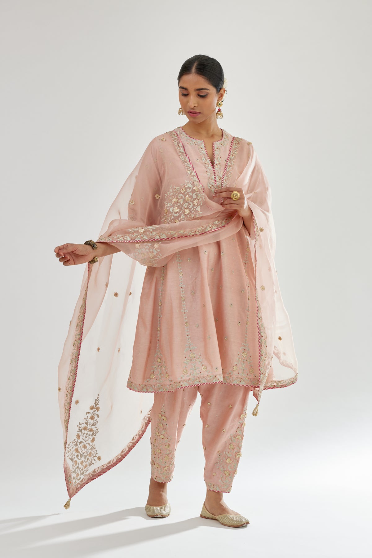 Pink Silk Chanderi Short Kalidar Kurta Set