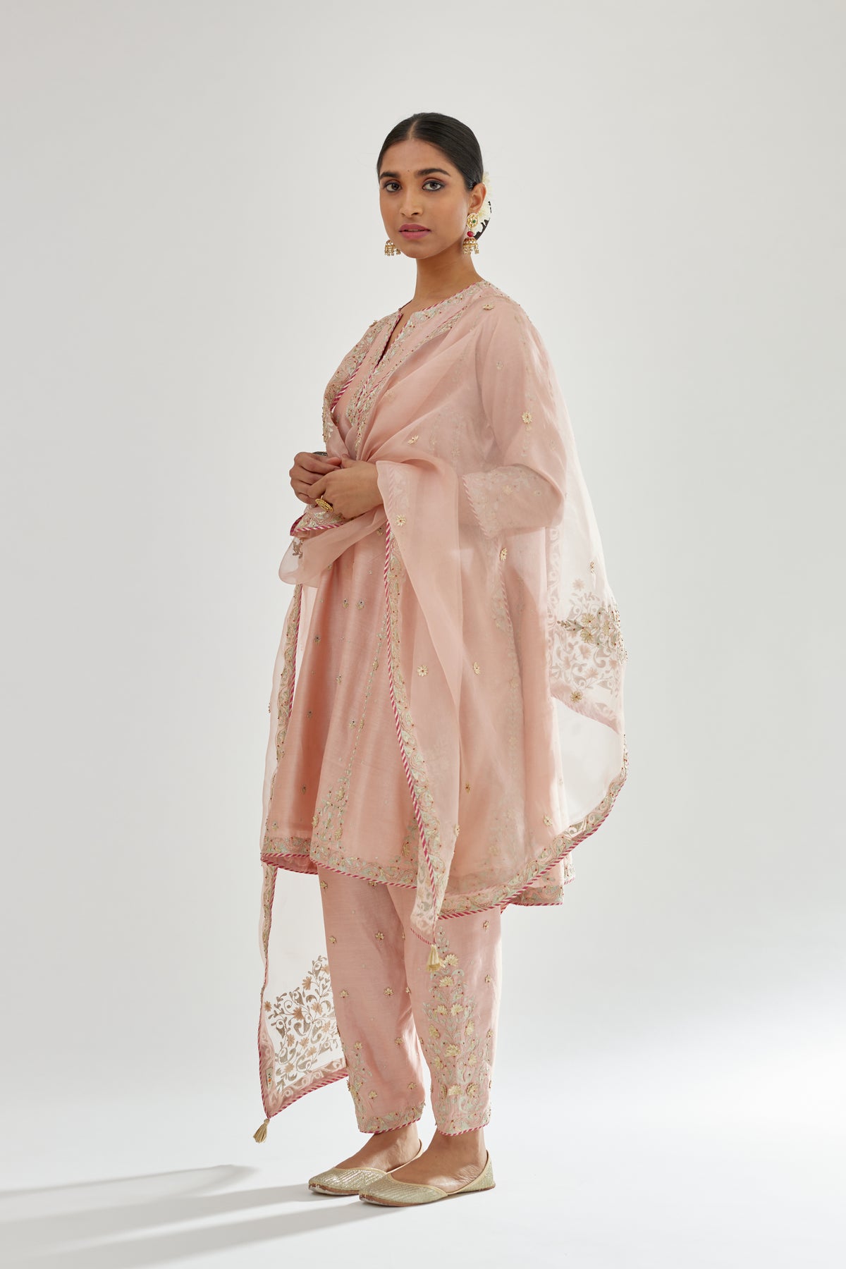 Pink Silk Chanderi Short Kalidar Kurta Set