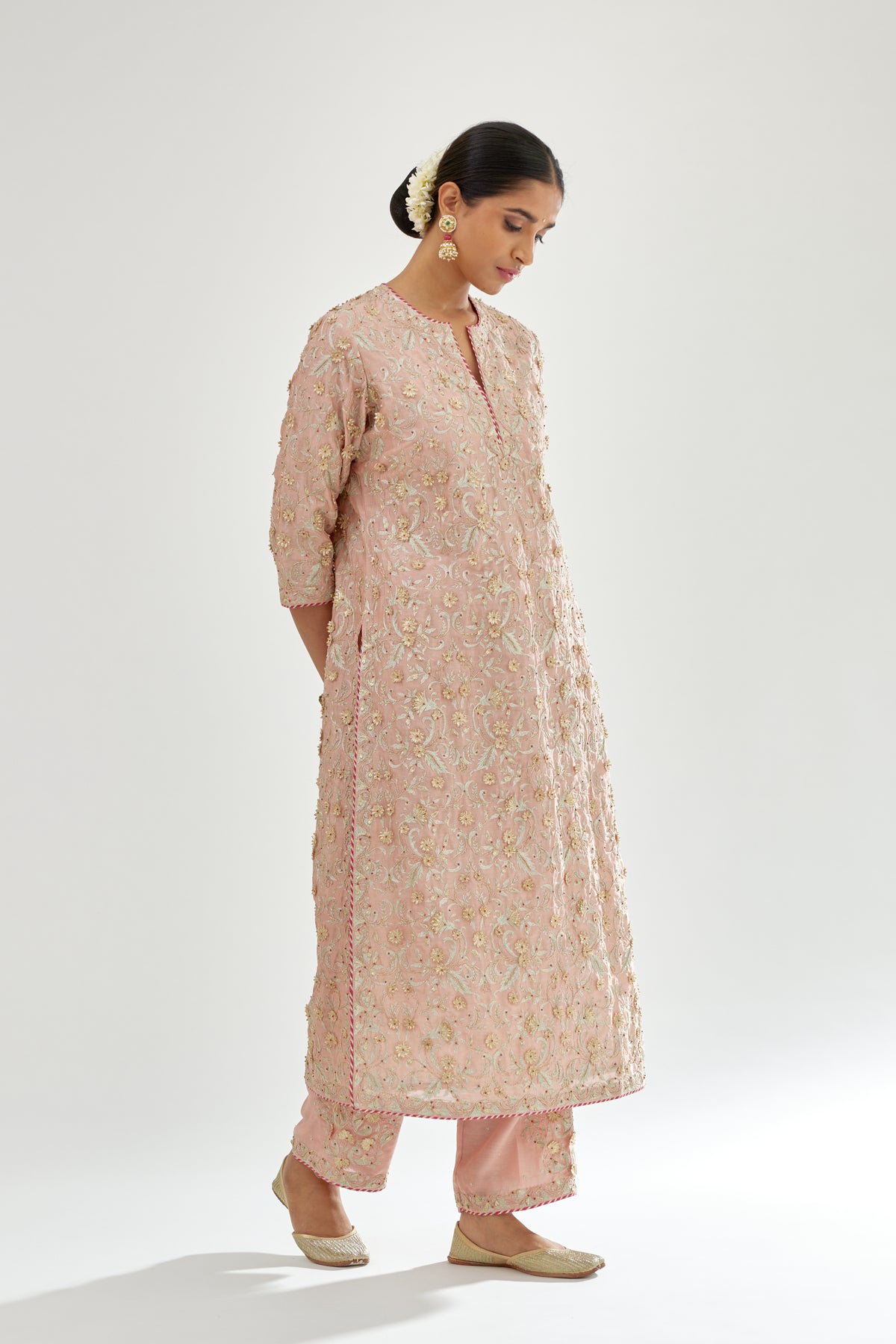 Pink Silk Chanderi Straight Kurta Set With All-over Embroidery