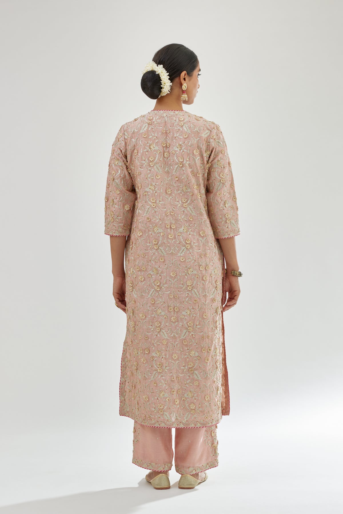 Pink Silk Chanderi Straight Kurta Set With All-over Embroidery