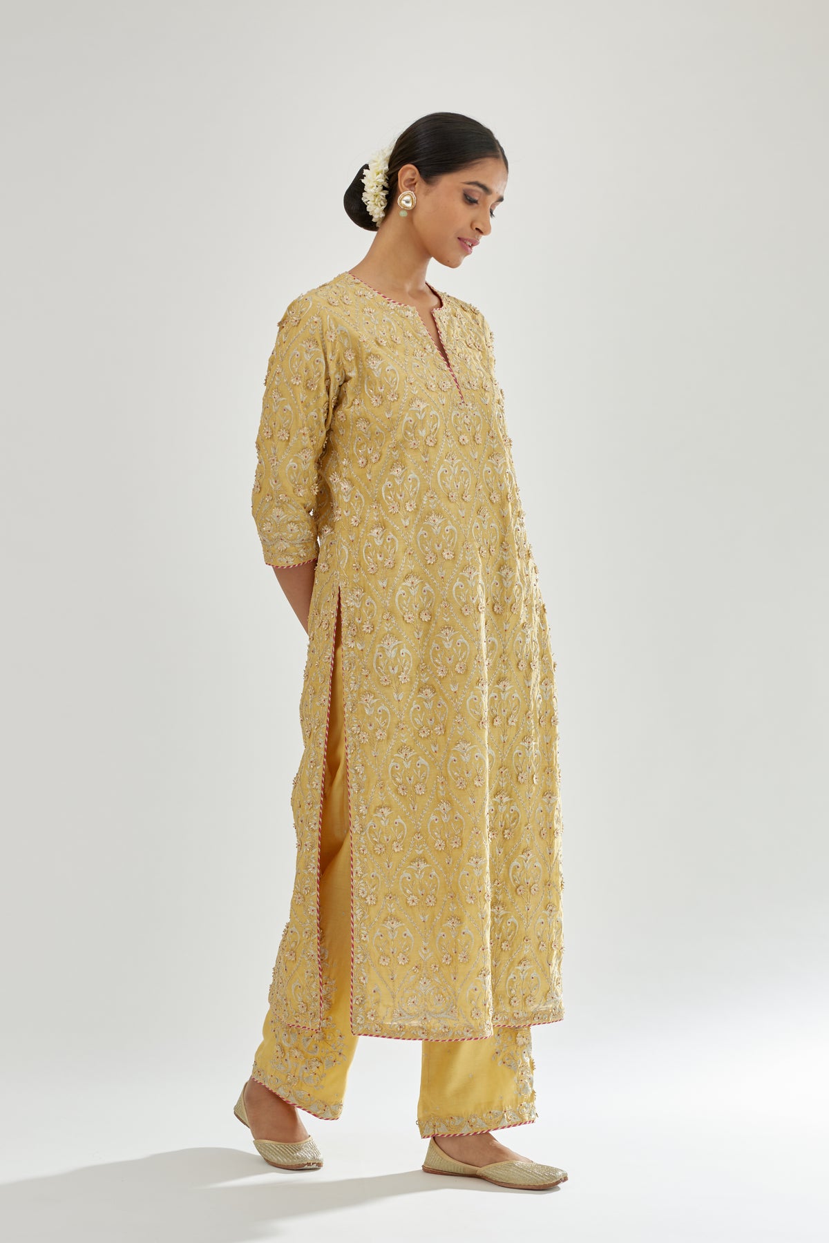 Yellow Silk Chanderi Kurta Set