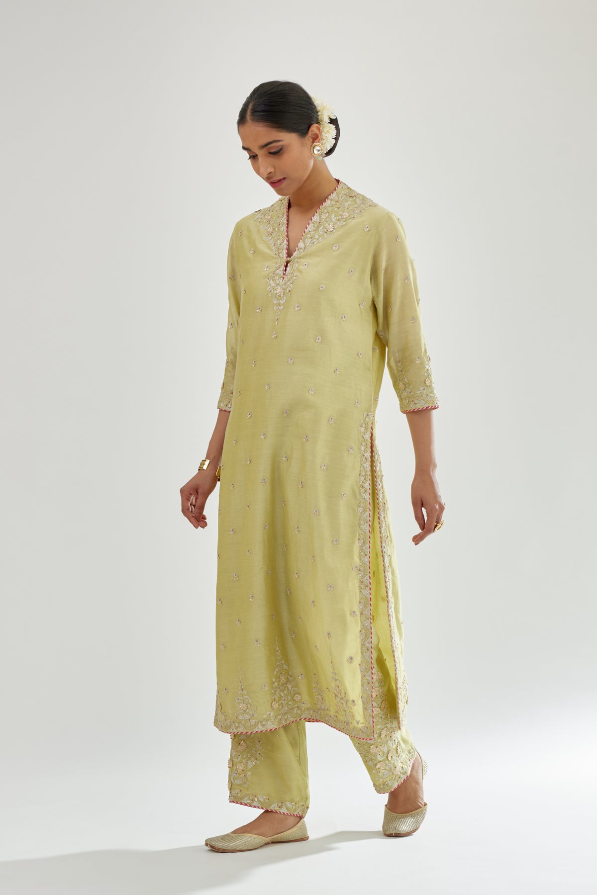 Green Silk Chanderi Straight Kurta Set