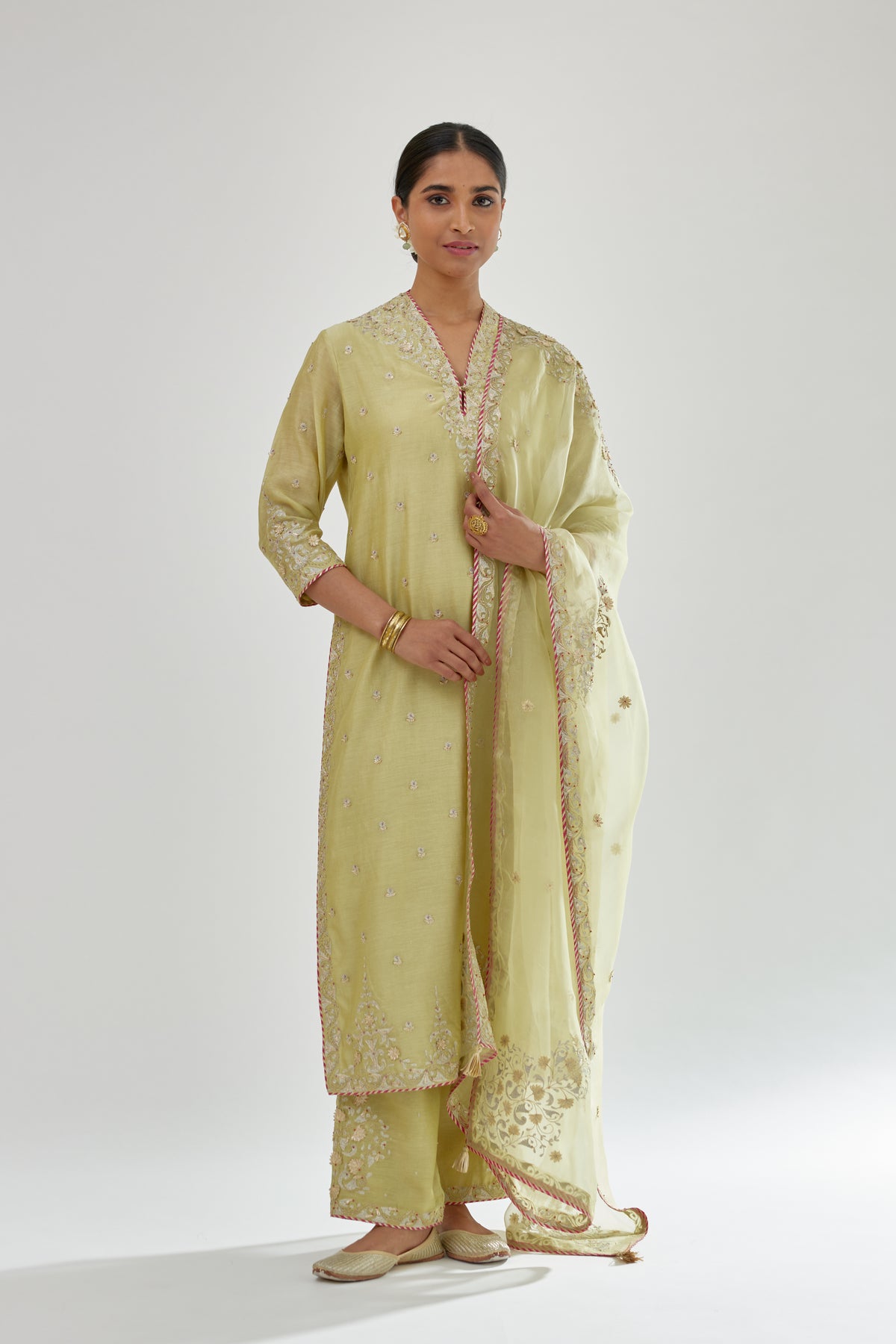 Green Silk Chanderi Straight Kurta Set